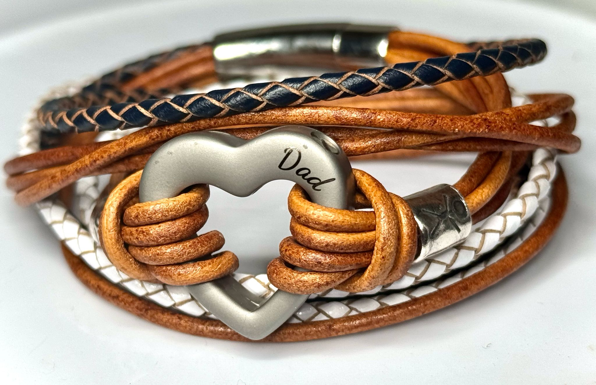 Dark blue, White & Tan Multi Leather, Double Wrap Urn Bracelet
