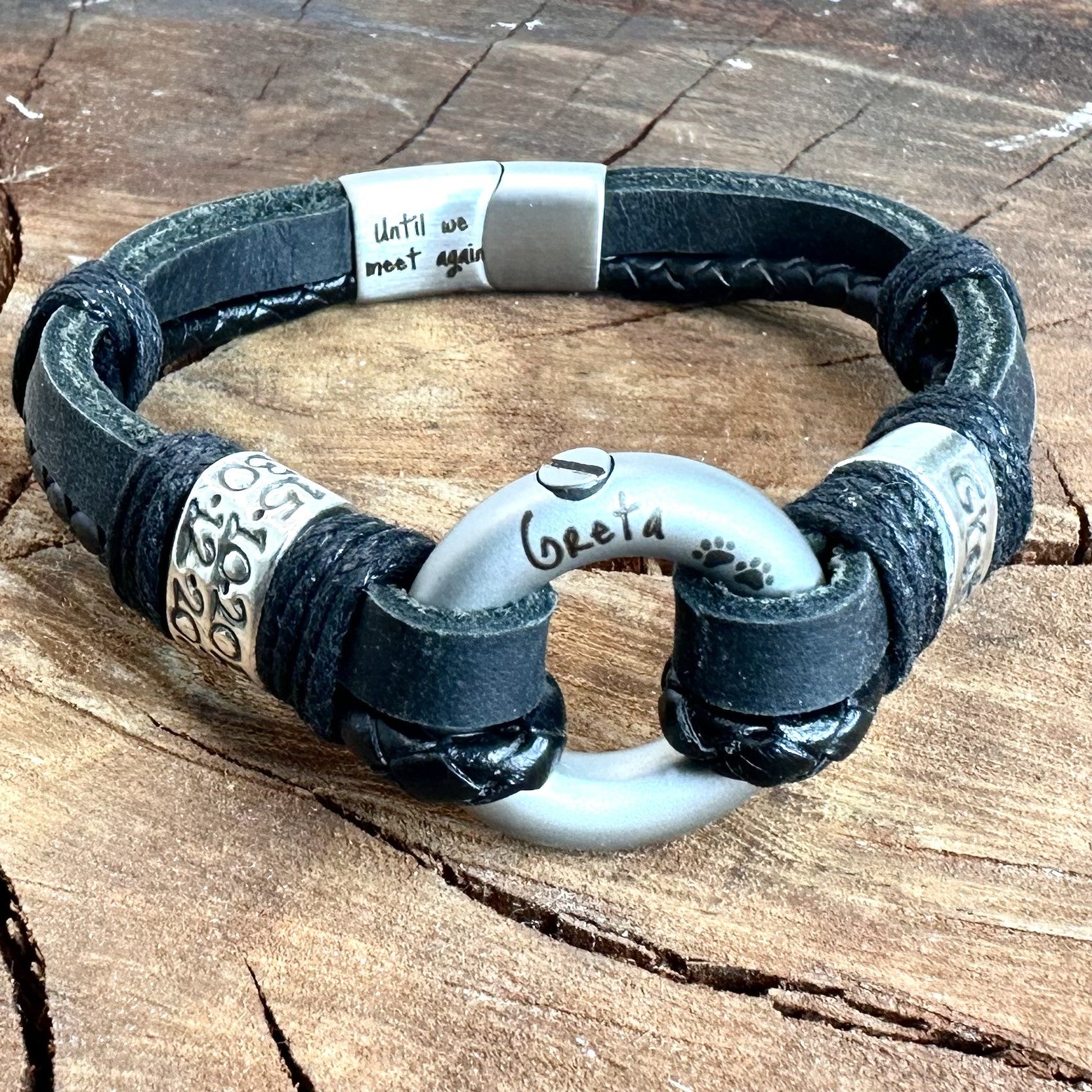 Men's Personalised Black Leather Cremation Bracelet
