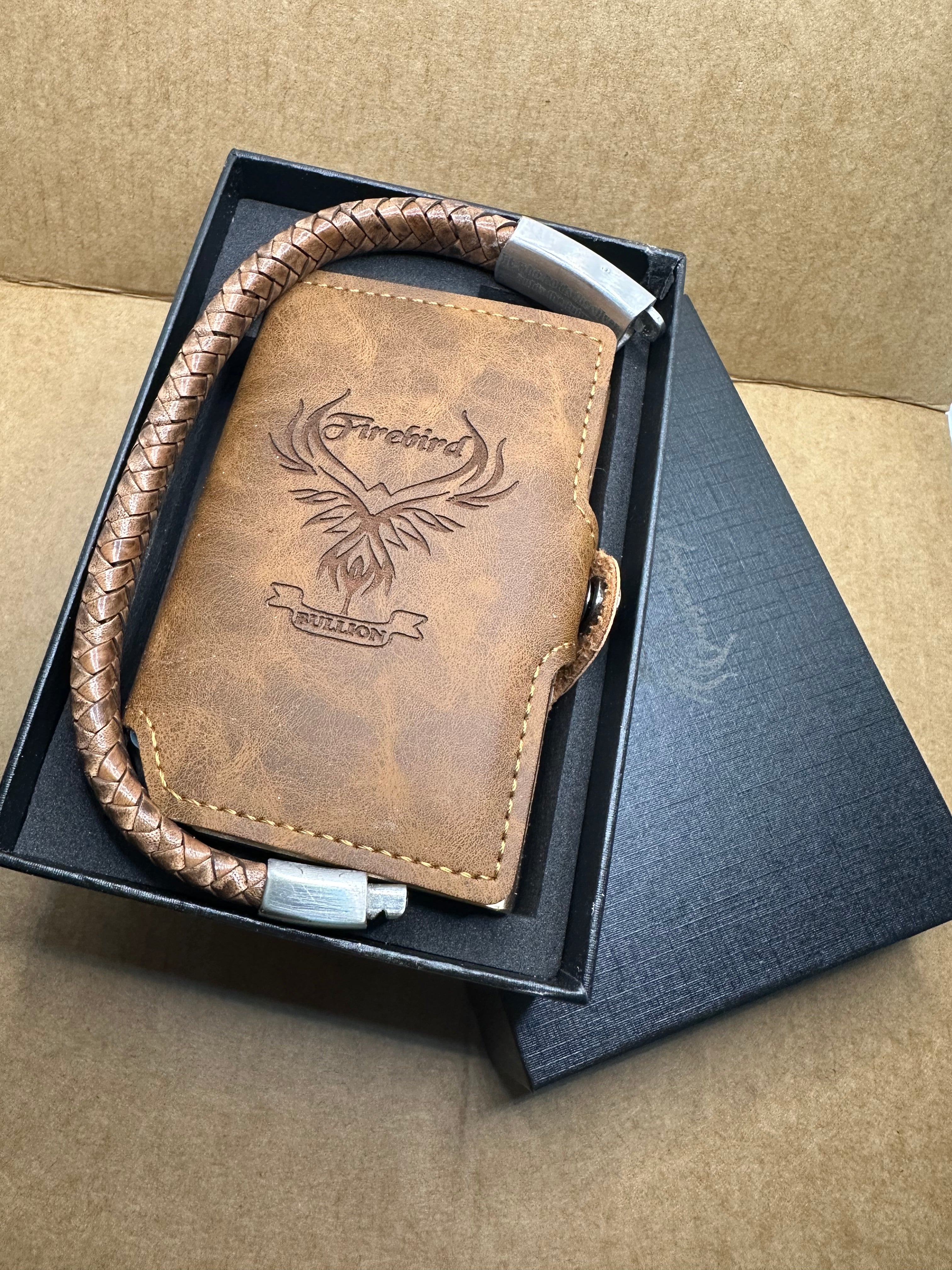 Engraved personalised slim leather wallet & personalised bracelet gift set