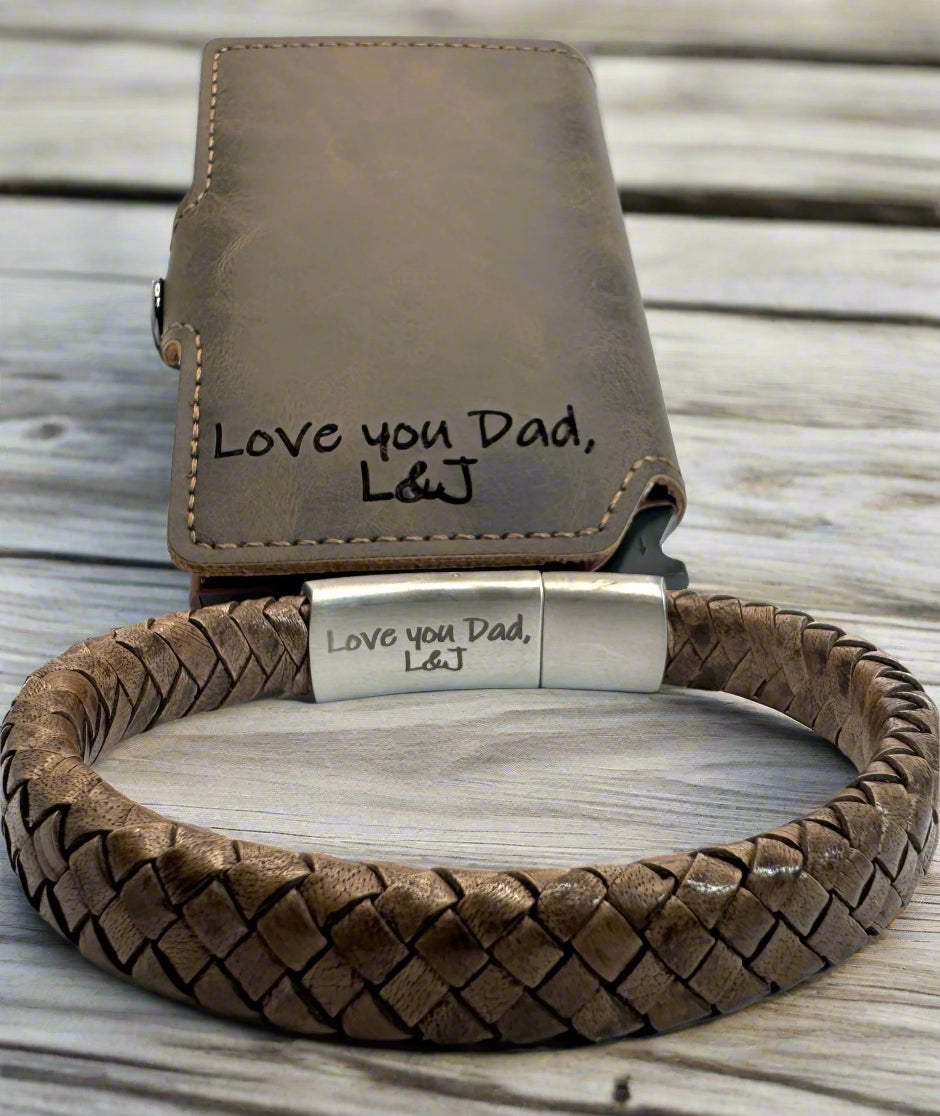 Engraved personalised slim leather wallet & personalised bracelet gift set