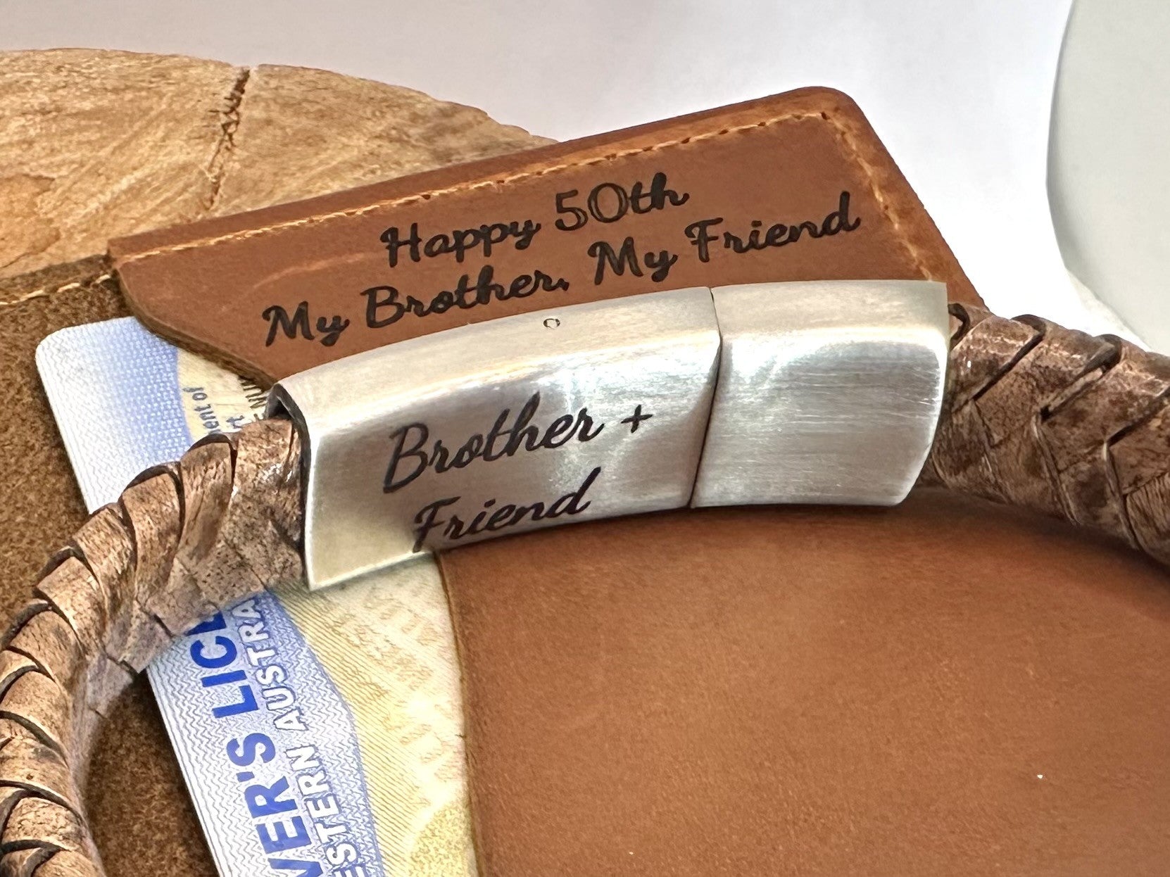 Engraved personalised slim leather wallet & personalised bracelet gift set