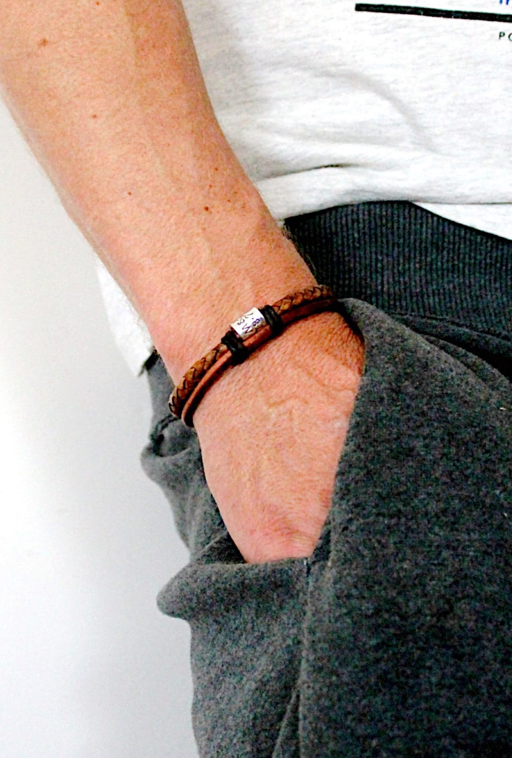 Mens Bracelet, Personalised Custom Jewellery for Dad, 60th Birthday Gift for Man Leather Bracelet, Man Engrave Bracelet Wrap, Stepdad Gift