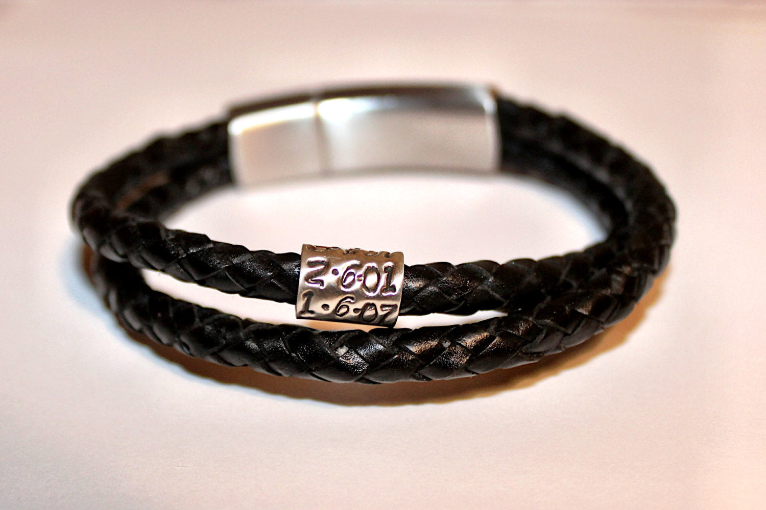 Mens Personalised Leather Bracelet, Double 6mm Braided Leather Bracelet and Personalised Silver Name Bead Bracelet . Mens leather bracelet