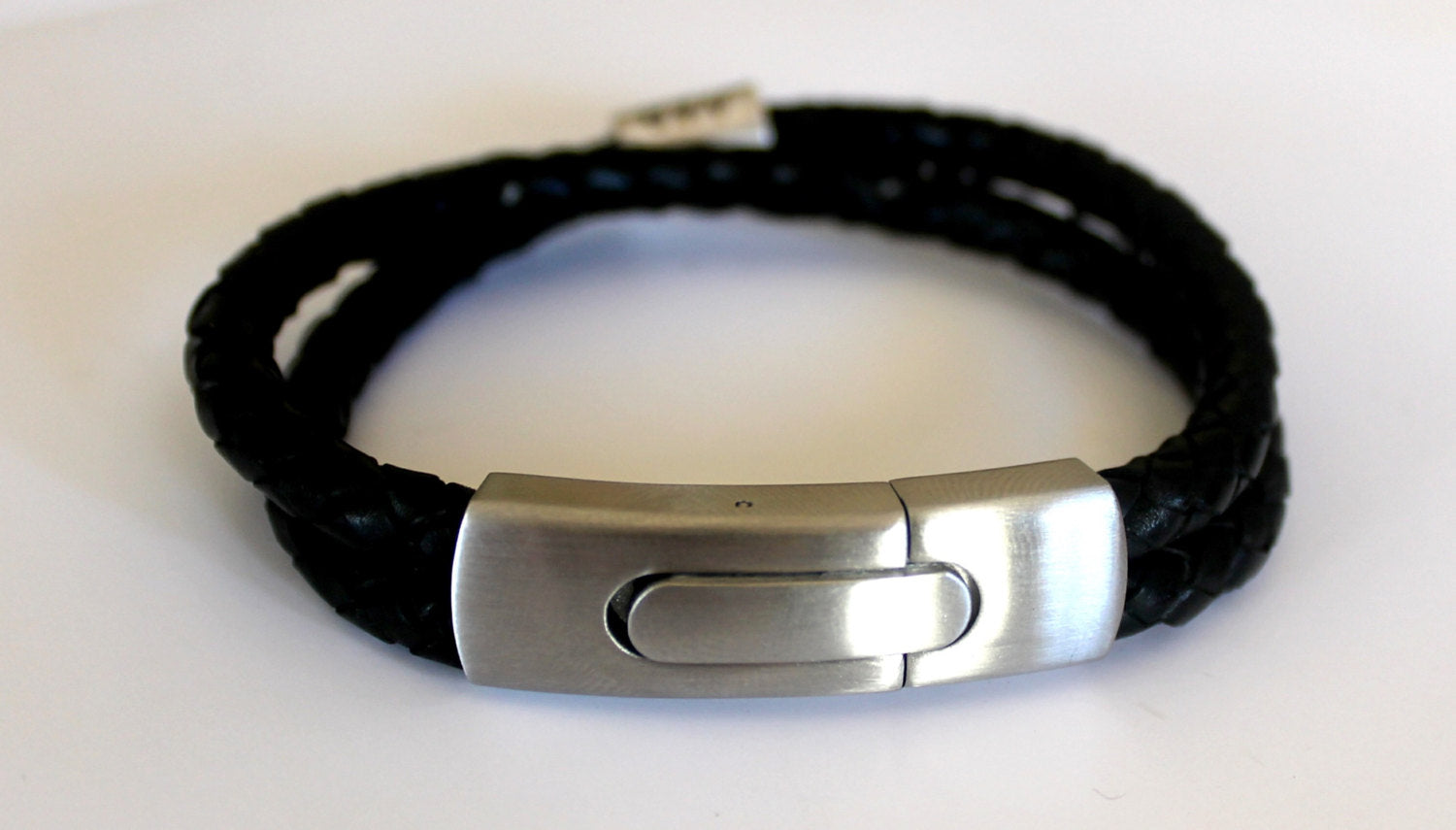 Mens Personalised Leather Bracelet, Double 6mm Braided Leather Bracelet and Personalised Silver Name Bead Bracelet . Mens leather bracelet