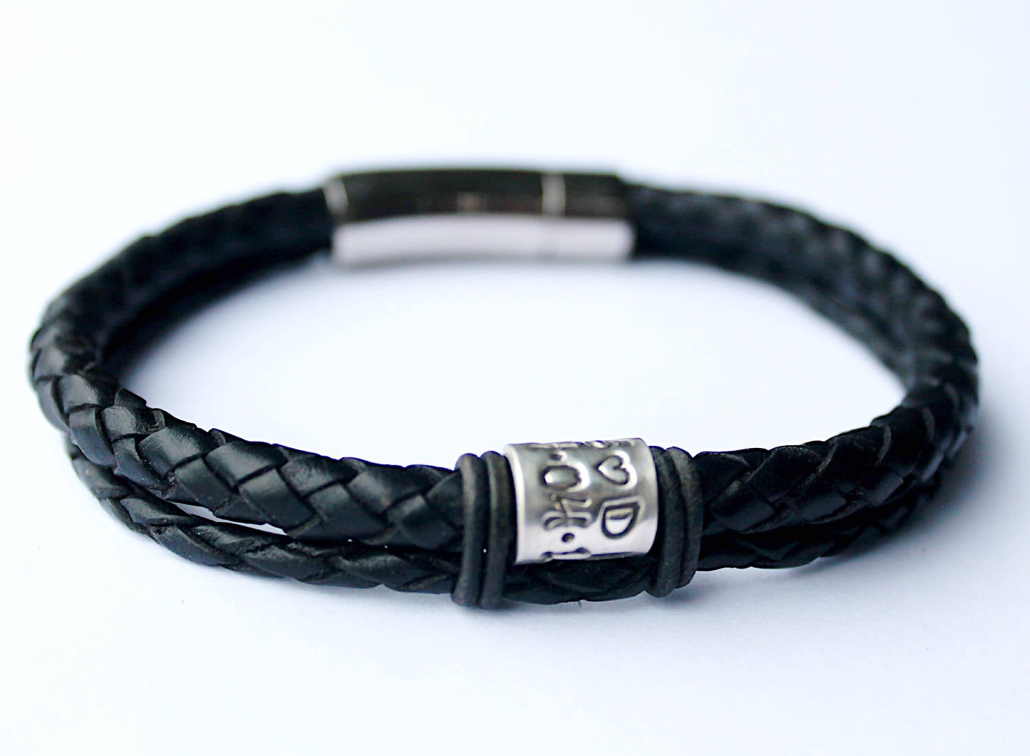 Black Braided Leather Bracelet, Personalised Valentines Gift, Couples Charm Bracelets,