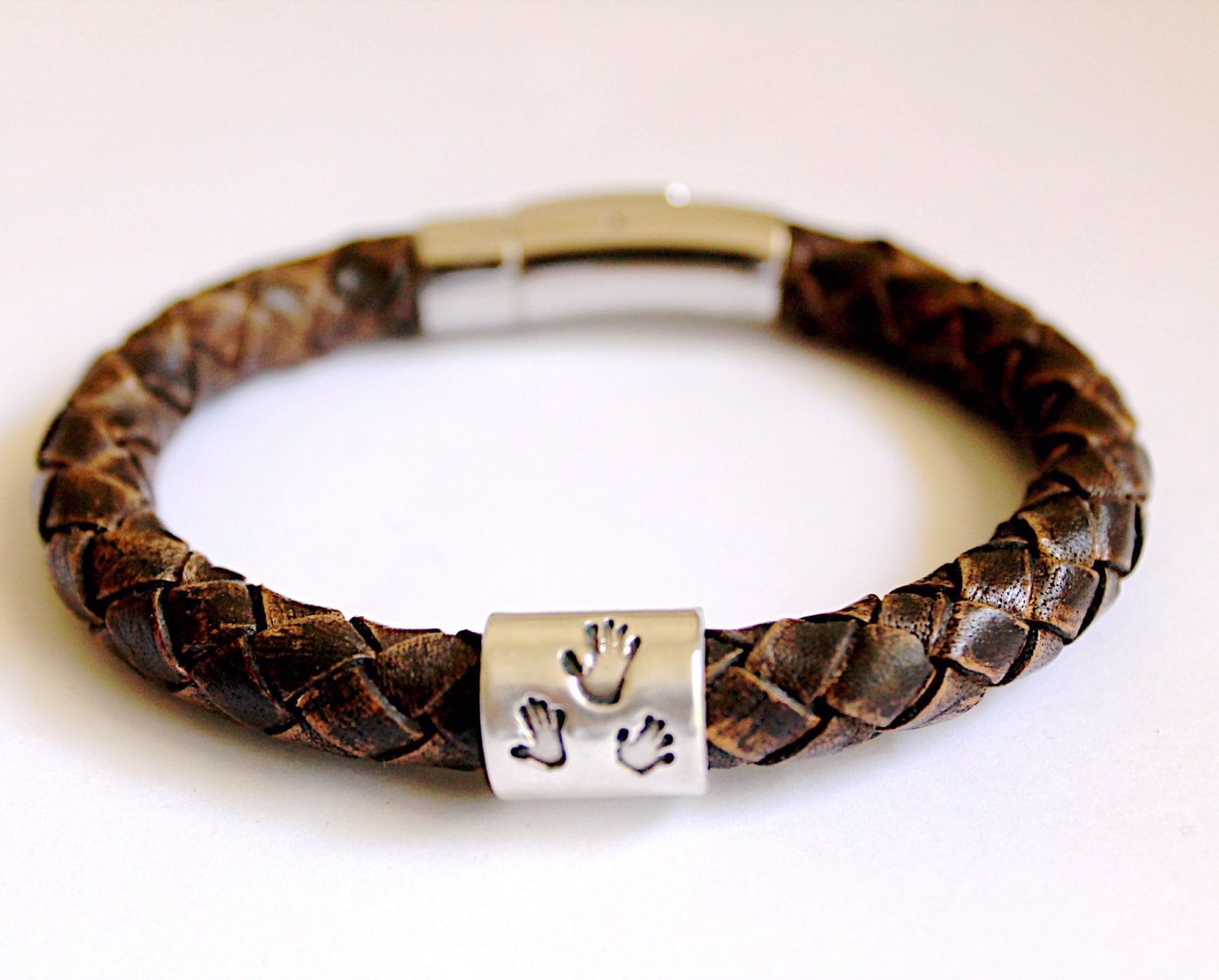 Silver Hand Print Handprint Silver Footprint Bead Mens Leather Personalised Bracelet Womens Bracelet Footprint Charm Silver Hand Print Charm