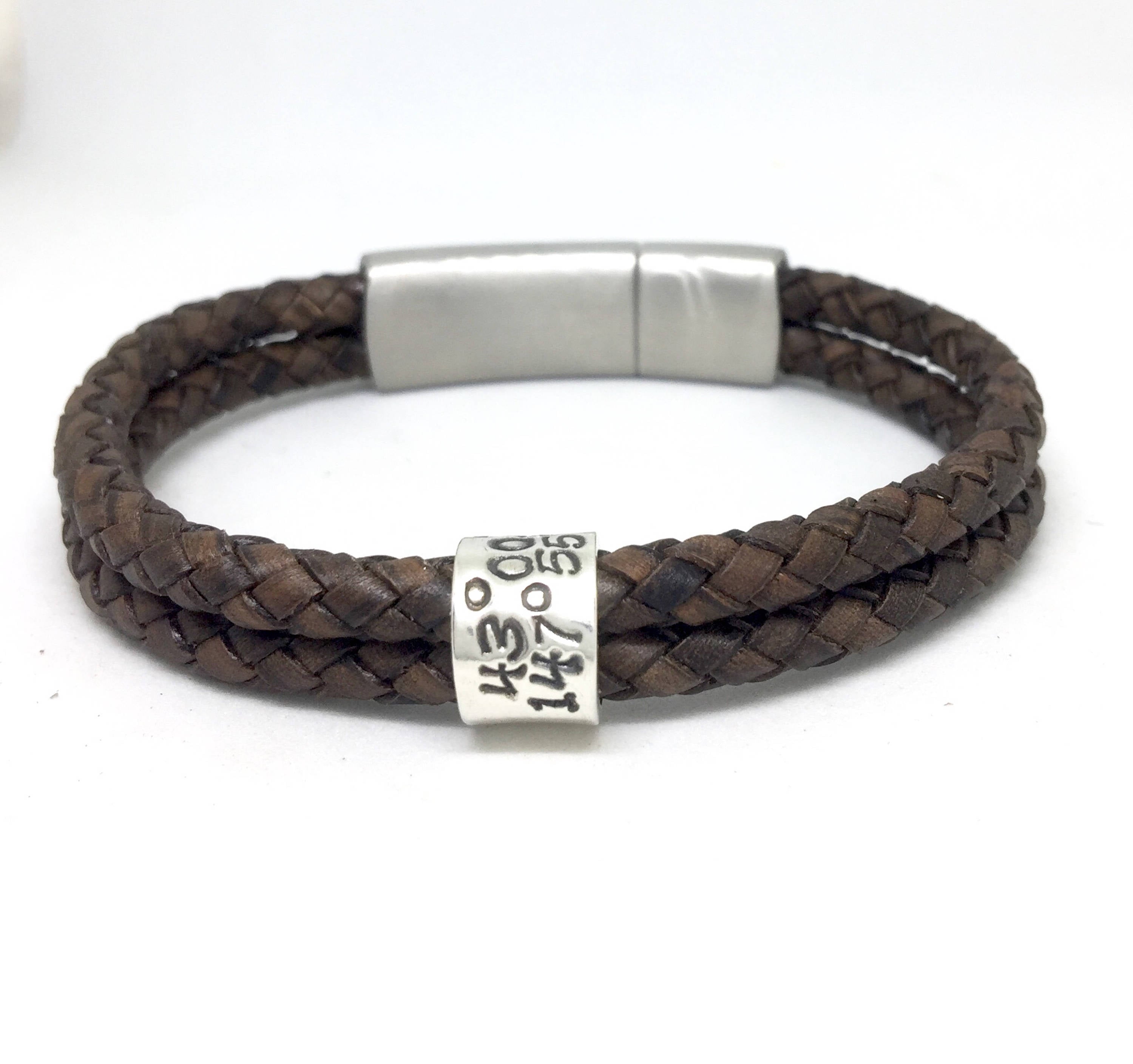 Leather Coordinates Bracelet, Mens GPS Cuff, Personalised Engraved Jewellery for Men, Leather Bracelet for Him, Mens Leather Bracelet