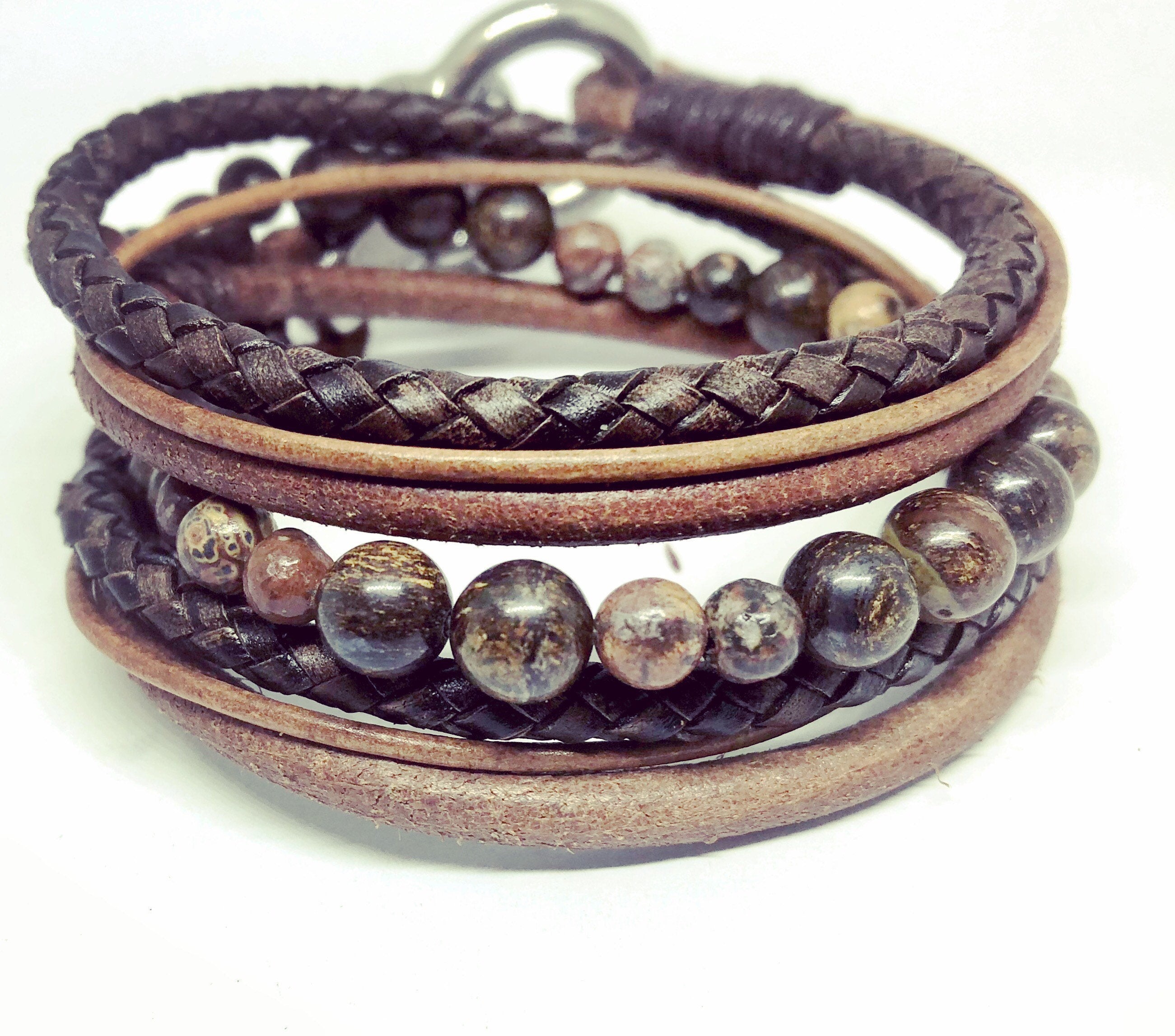 Mens Beaded Bracelet, Personalised Valentines Gift, Personalised Jewellery for Men, Leather Gemstone Wrap, Lederarmbänder Männer