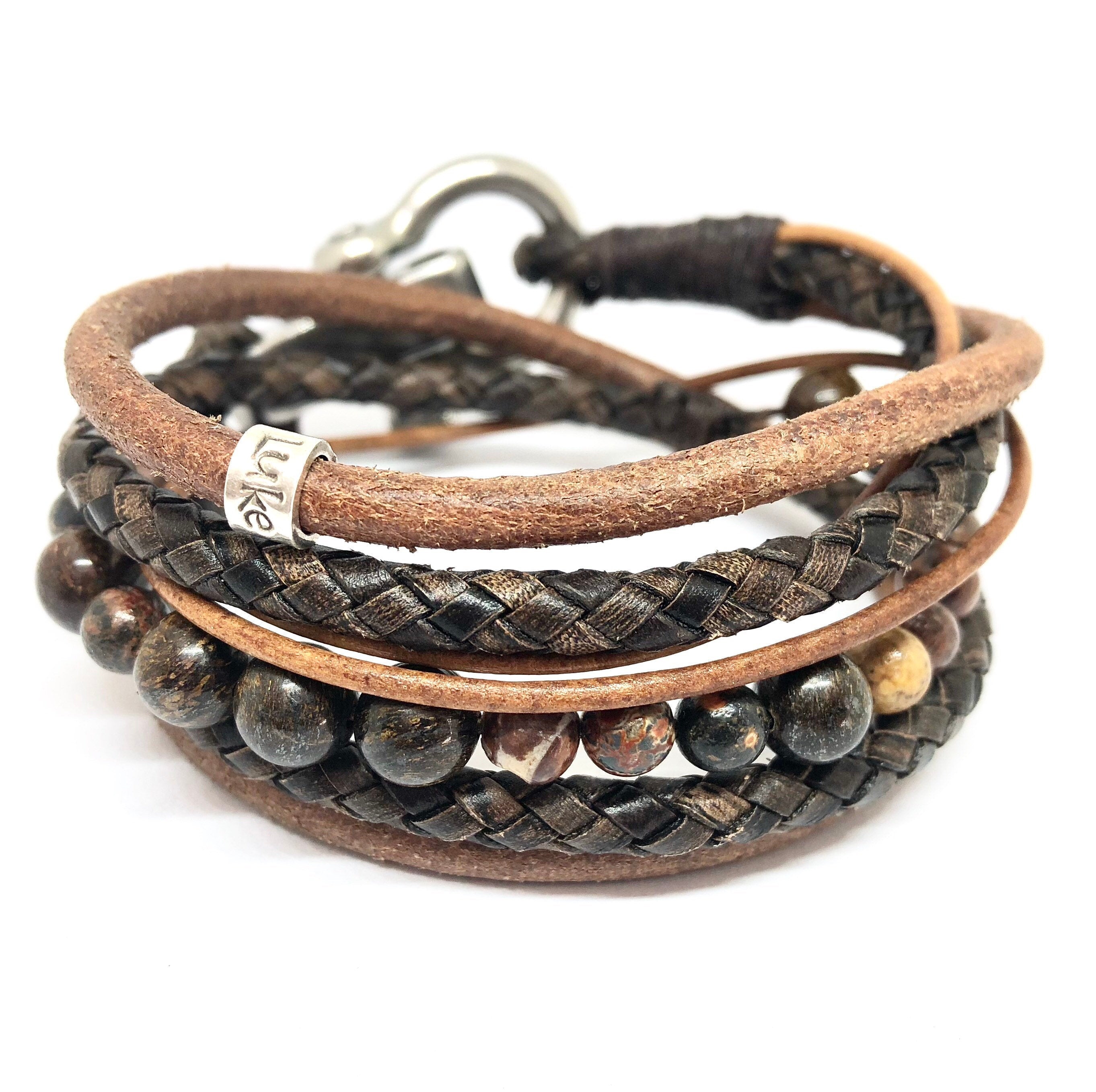 Mens Beaded Bracelet, Personalised Valentines Gift, Personalised Jewellery for Men, Leather Gemstone Wrap, Lederarmbänder Männer
