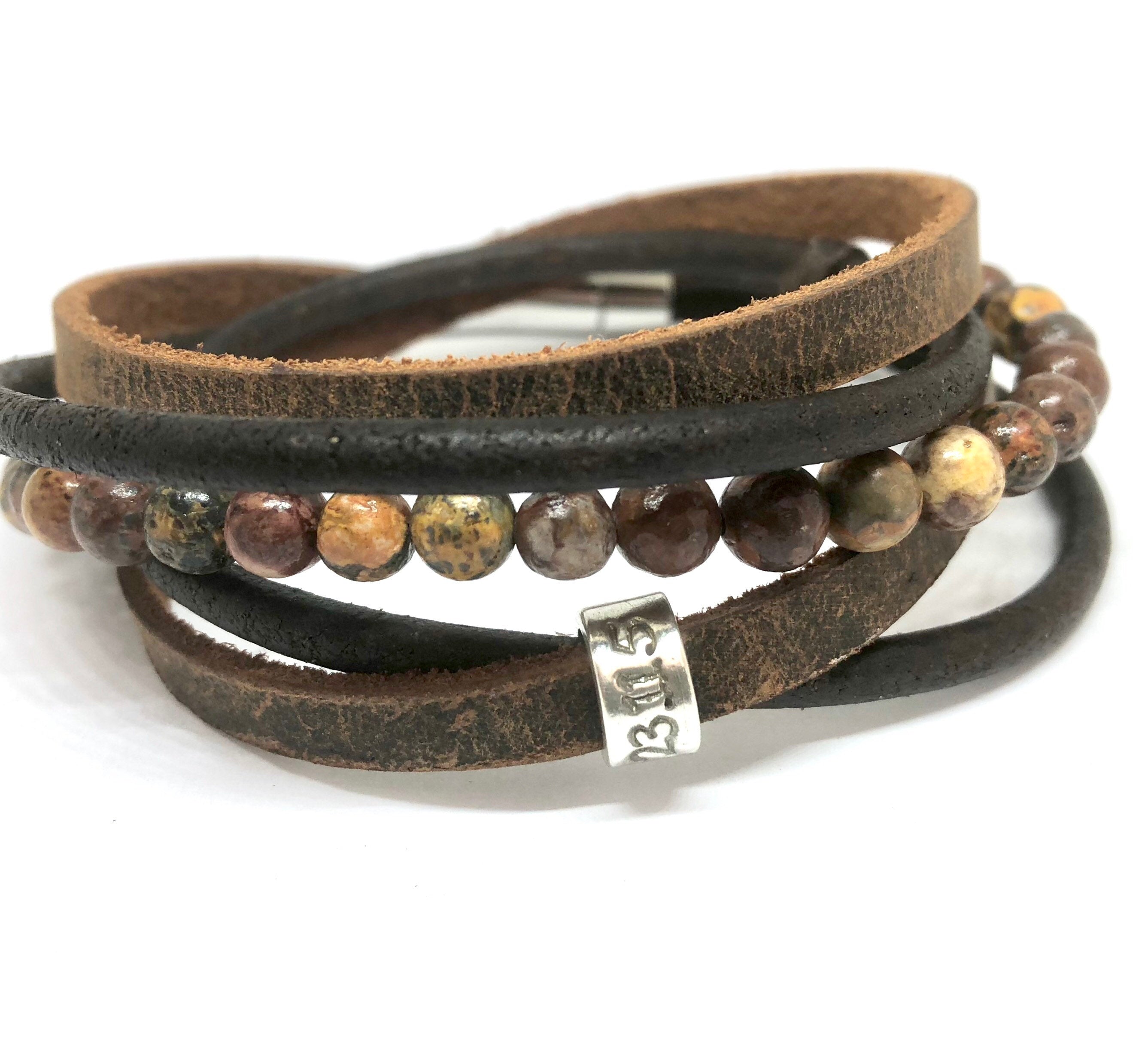 Mens Beaded Wrap Bracelet, Personalised Wrap, Leather Cuff, Inspirational Bracelet, Fathers Day Gift