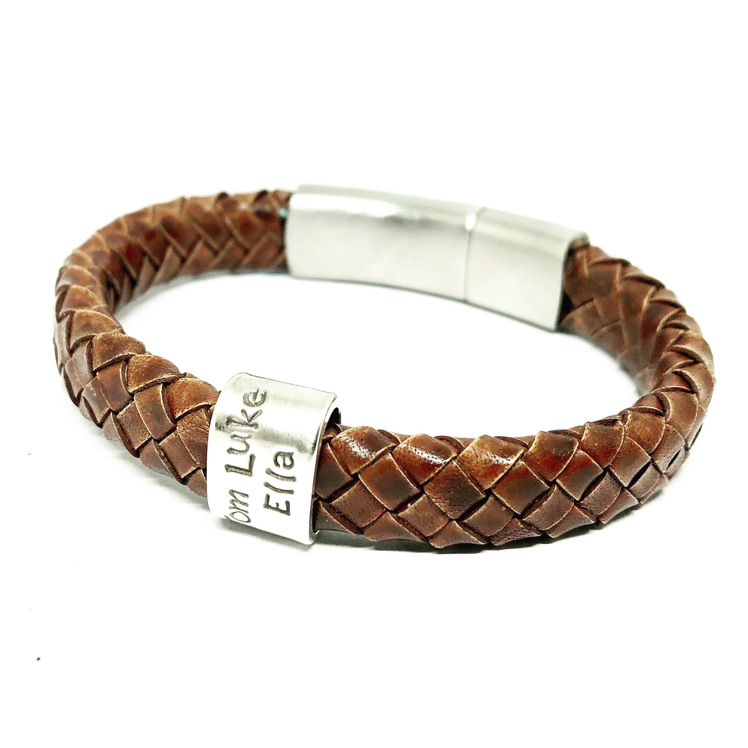 Personalised Braided Leather Bracelet, Flat Leather Cuff, Mens Trendy Gift, Golf Gifts for Men, Mens Jewelry, New Dad Gift, Mens Xmas Gift