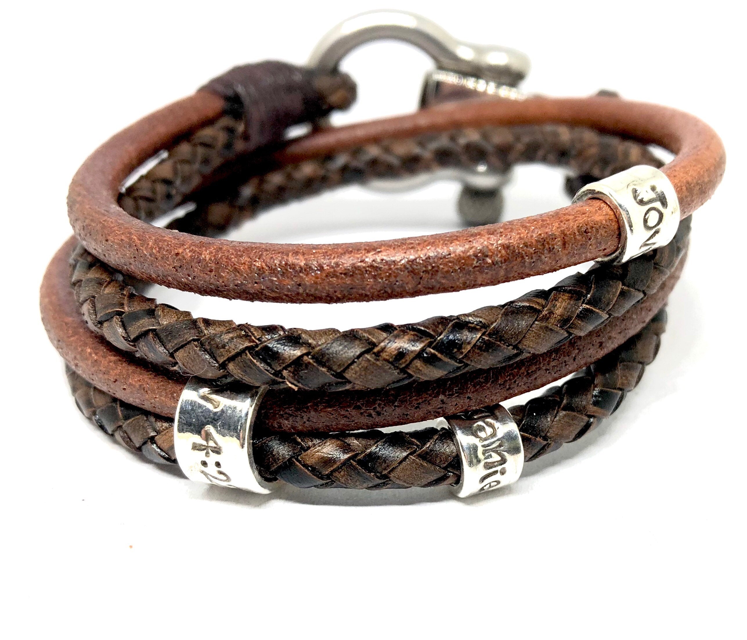 Custom Bracelet, Layered Leather Cuff, Personalised Gift for Him, Mens Leather Bracelet, Christmas Gift, New Dad, Mens Bracelet Personalized
