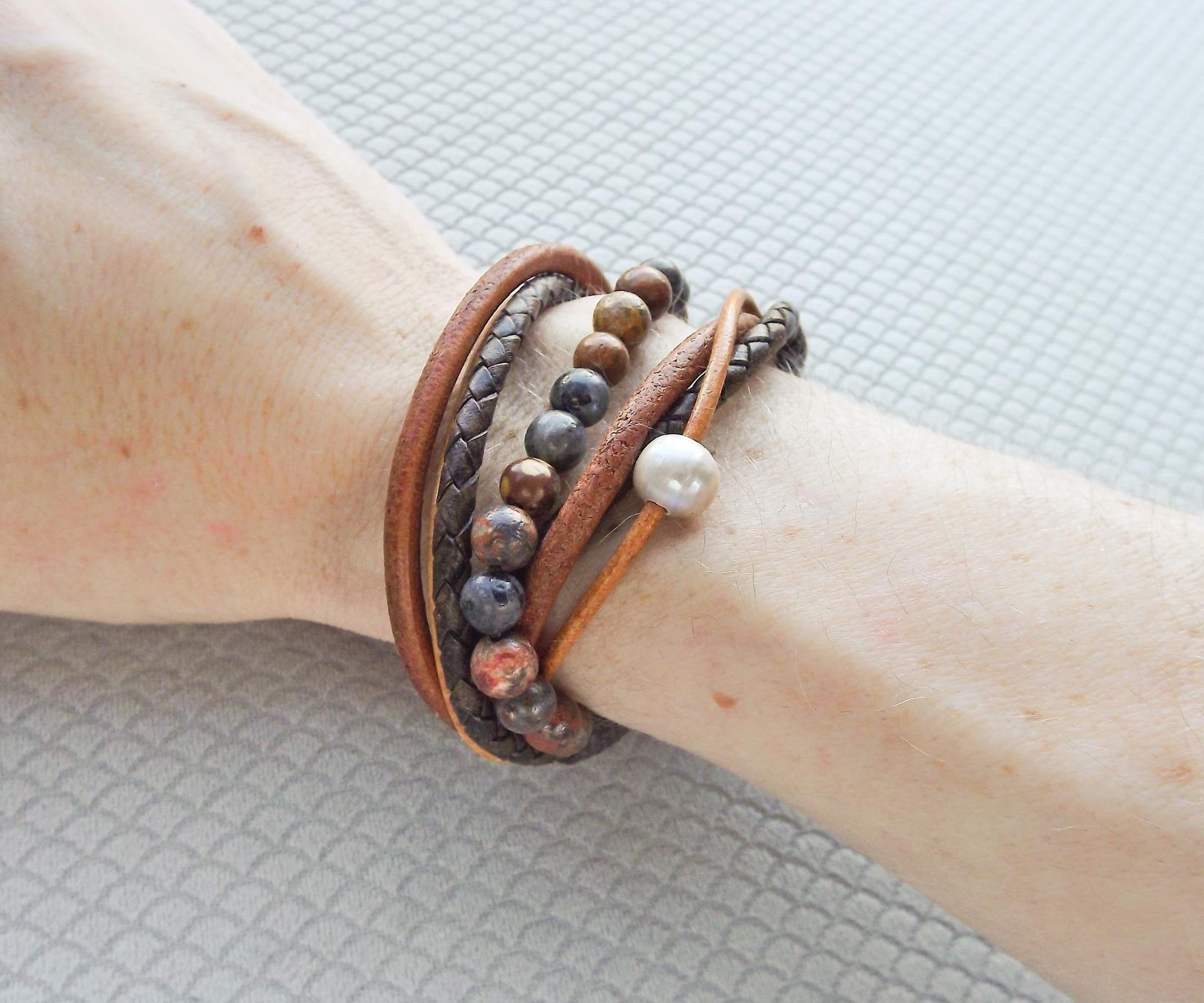 Womens Boho Bracelet, Couples Bracelets, Leather Gemstone Wrap, Gift for Her, Valentines Gift