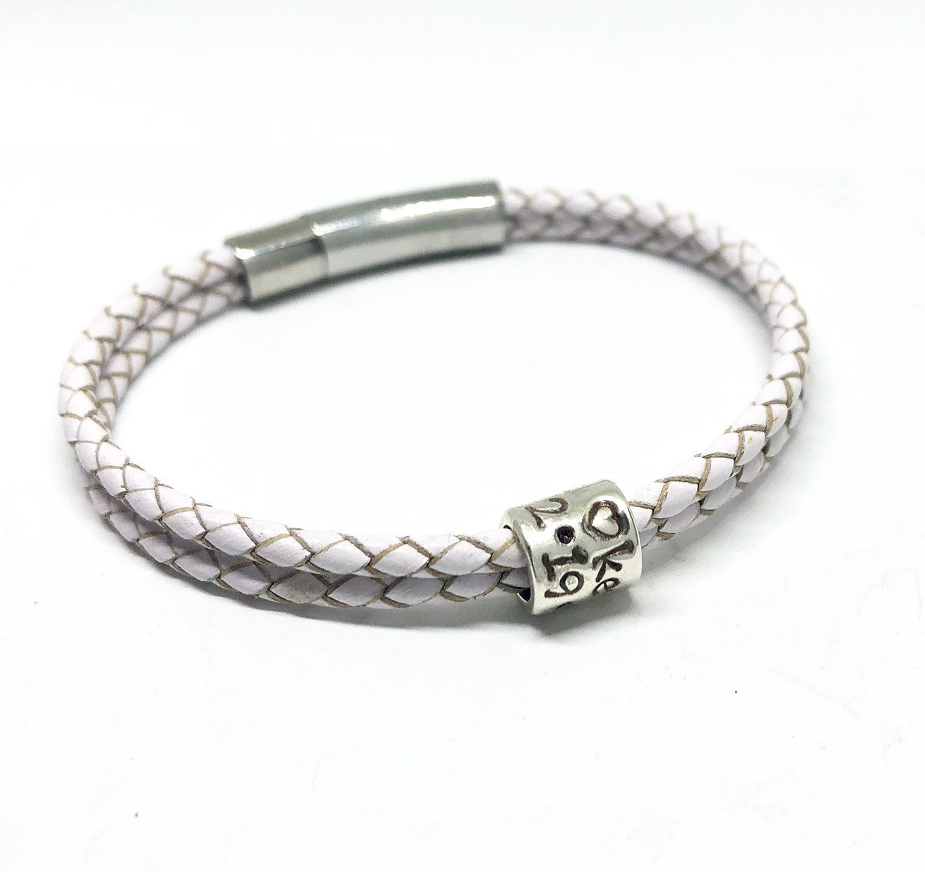 White Leather Bracelet, Womens Bracelet, Custom Charm Bracelet, Ladies Name Jewelry, Personalised Charm, Teacher Gift, Graduation Bracelet