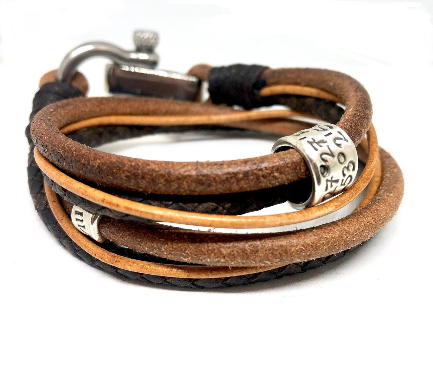 Mens Bracelet Personalised, Leather Bracelet, Beaded Bracelet, Bracelet Homme, Brown Leather Bangle, Gift for Him, Teachers Gift