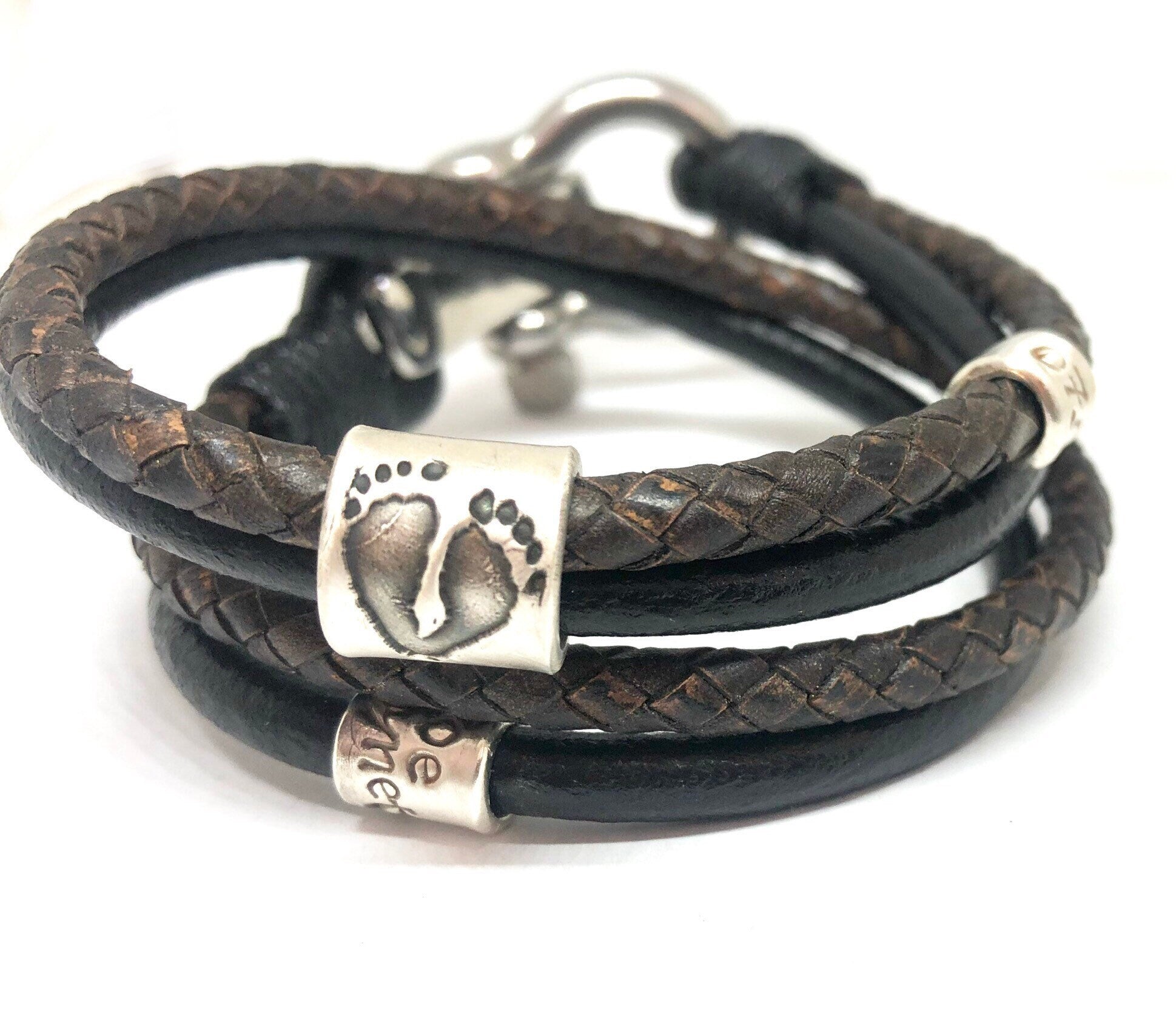 Actual Hand Print Charm Bracelet, Fathers Day Gift from Daughter, Personalised Leather Bracelet, New Dad gift