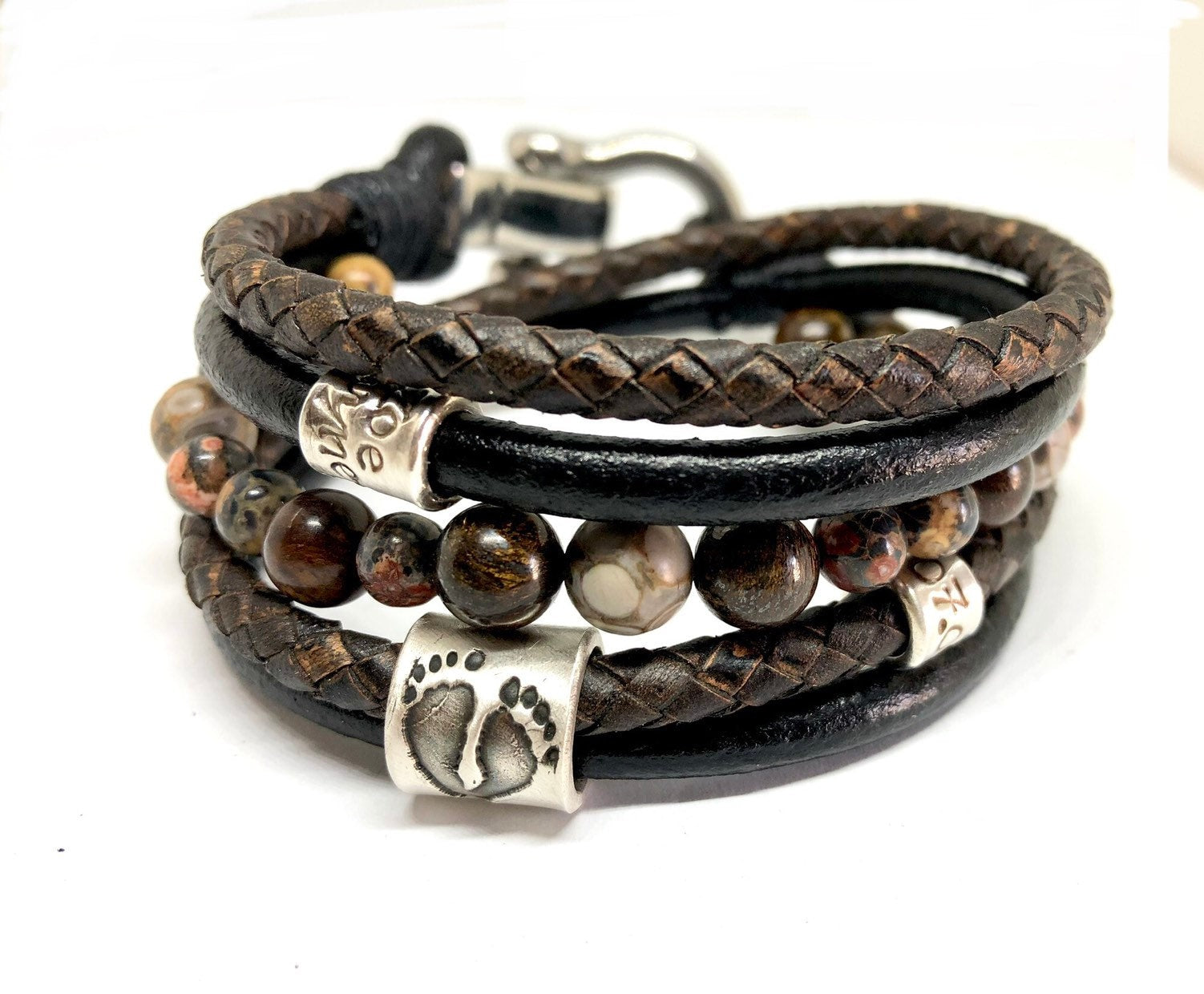Actual Hand Print Charm Bracelet, Fathers Day Gift from Daughter, Personalised Leather Bracelet, New Dad gift