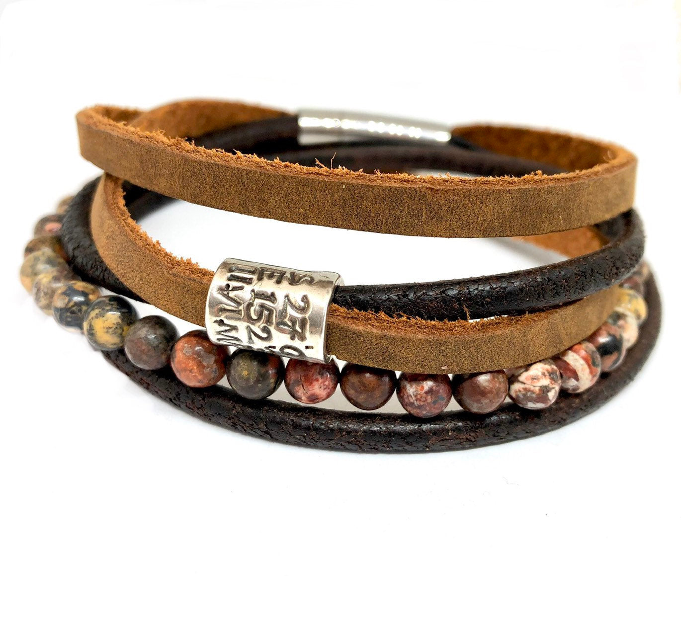 Mens Beaded Wrap Bracelet, Personalised Wrap, Leather Cuff, Inspirational Bracelet, Fathers Day Gift