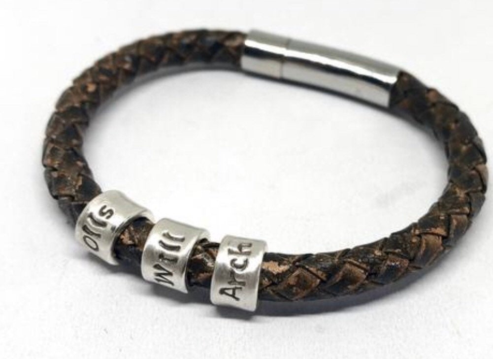 Custom Engraved Bracelet, Personalized Mens Bracelet, Mens Leather Bracelet, Name Bracelet, Boyfriend Gift, Black Braided Cuff, New Dad Gift