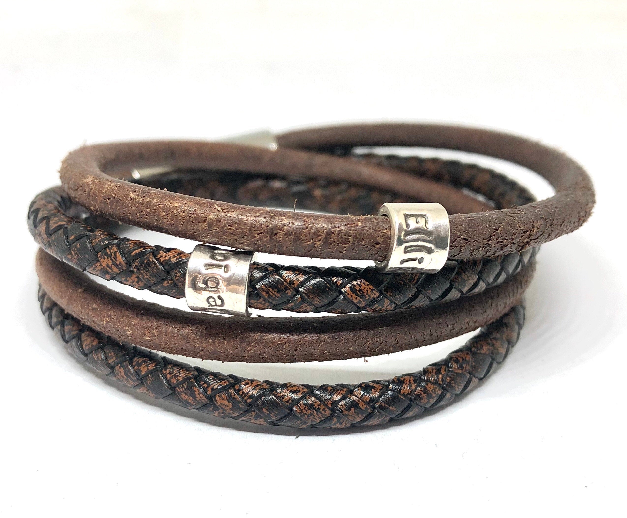 Mens Leather Bracelet, Fathers Day Gift, Engraved Bracelet, Layered Mens Bracelet Personalised, New Dad Gift, Date Bracelet, Name Bracelet