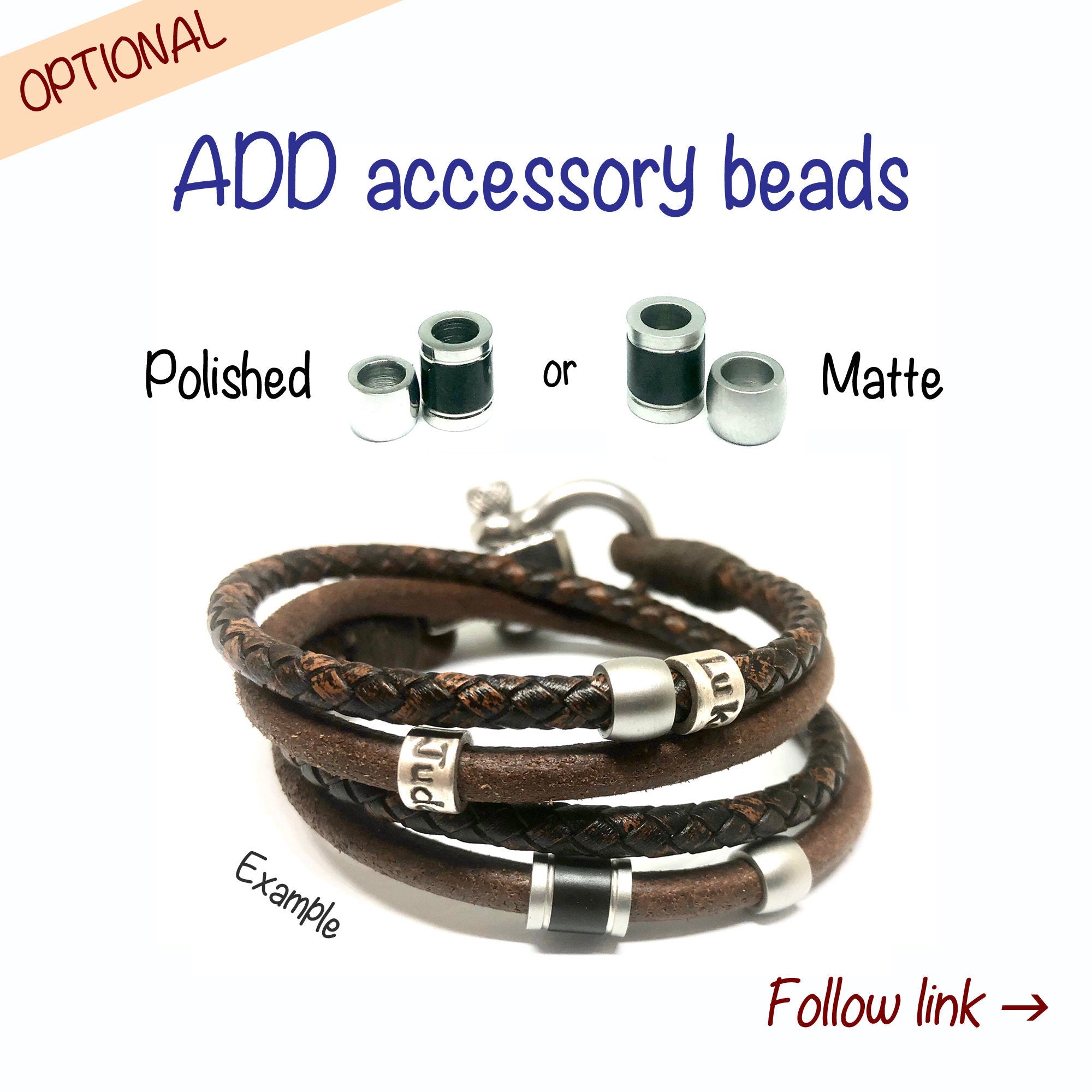 Mens Bracelet Personalised, Leather Bracelet, Beaded Bracelet, Bracelet Homme, Brown Leather Bangle, Gift for Him, Teachers Gift