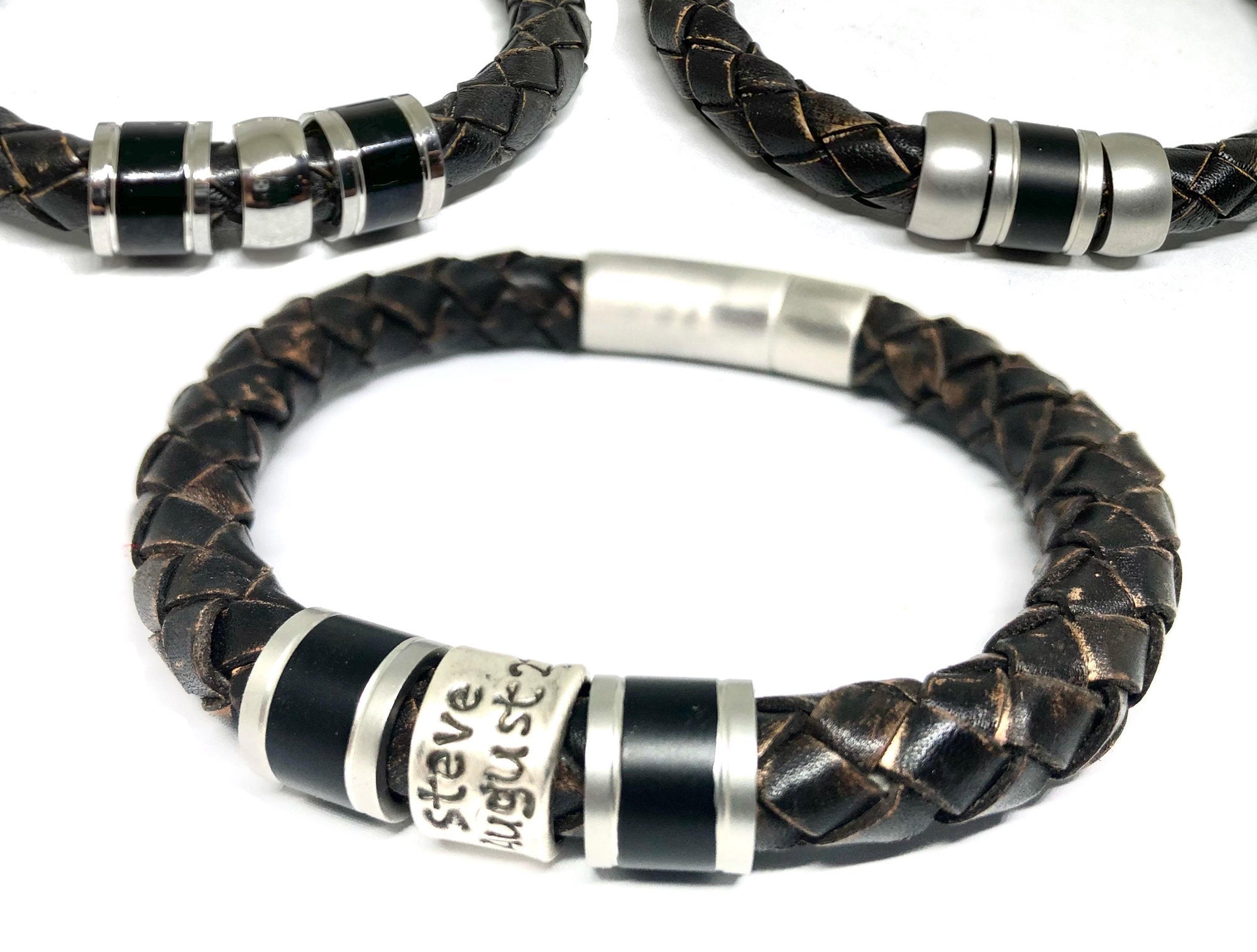 Mens Leather Bracelet, Fathers Day Gift, Mourning Jewelry, Leather Name Bracelet, Mens Cuff Bracelet, Personalised Mens Jewelry Stepdad Gift