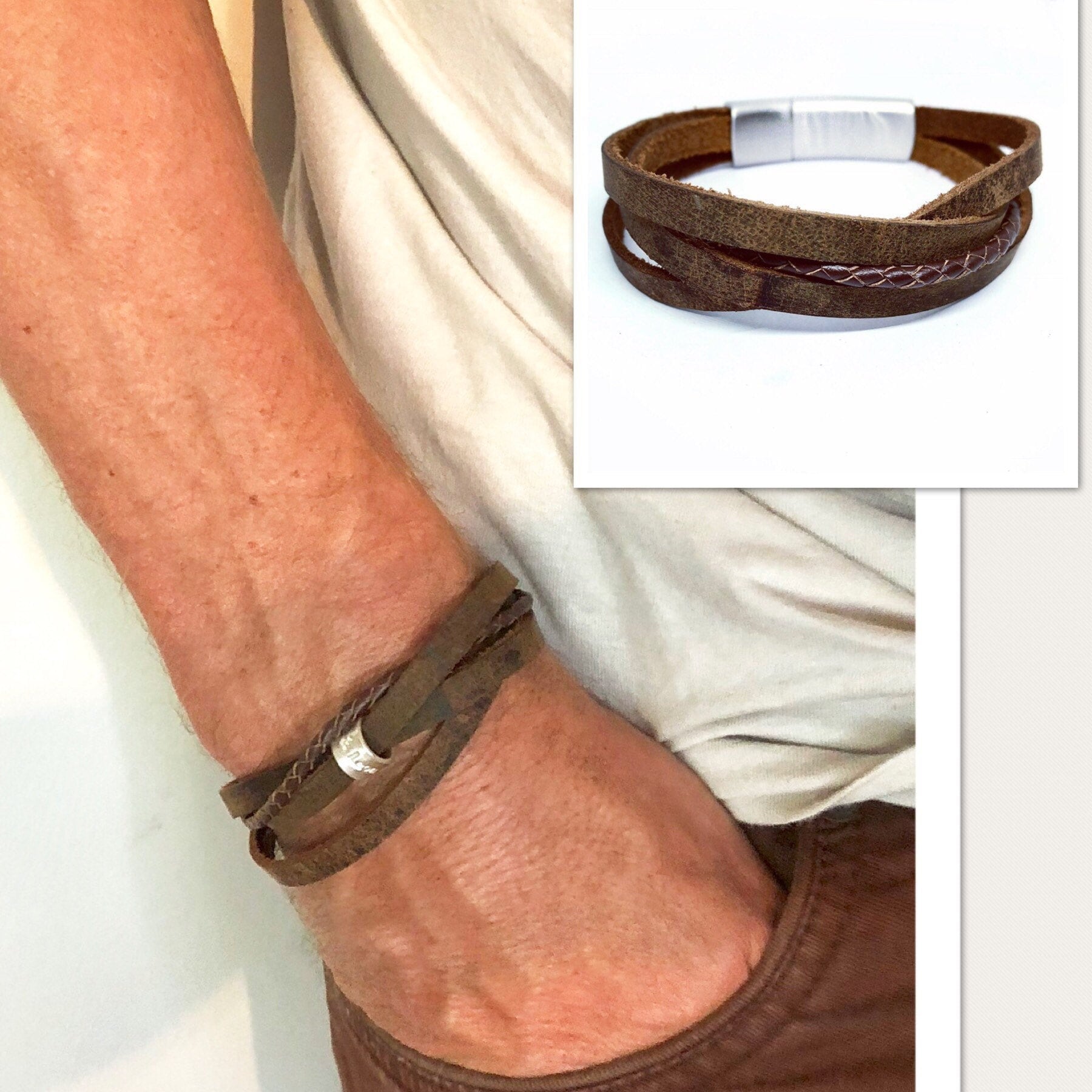 Mens Bracelet, Leather Wrap Bracelet, Mens bracelet, Boho Bracelet Gift For Men, Fathers day Gift, Personalised leather Bracelet Papa