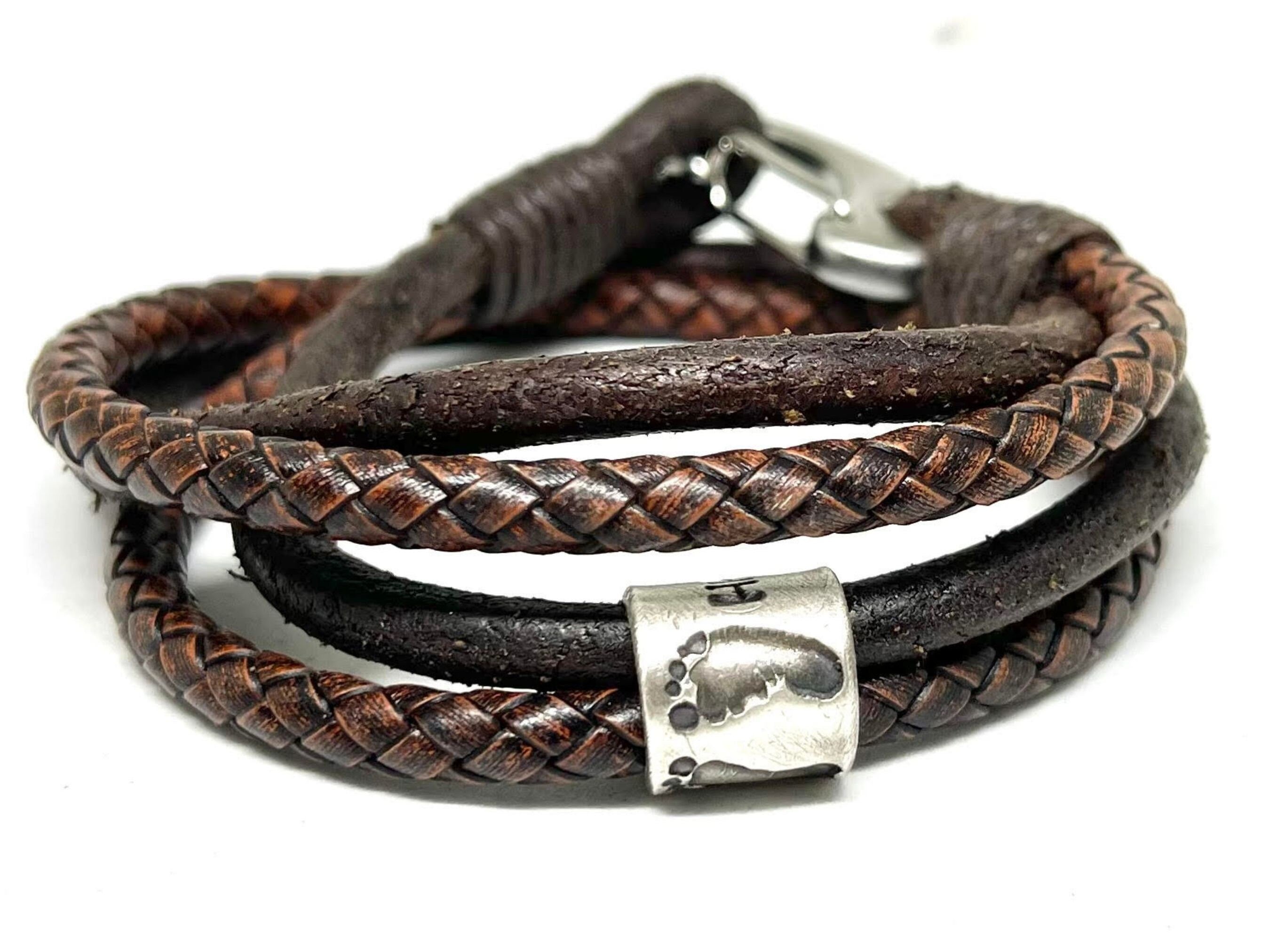 Brown Footprint Charm Mens Leather Wrap Bracelet, Custom Engraved Bead Double Wrap Leather Bracelet, Husband Bracelet Mens Braided Leather