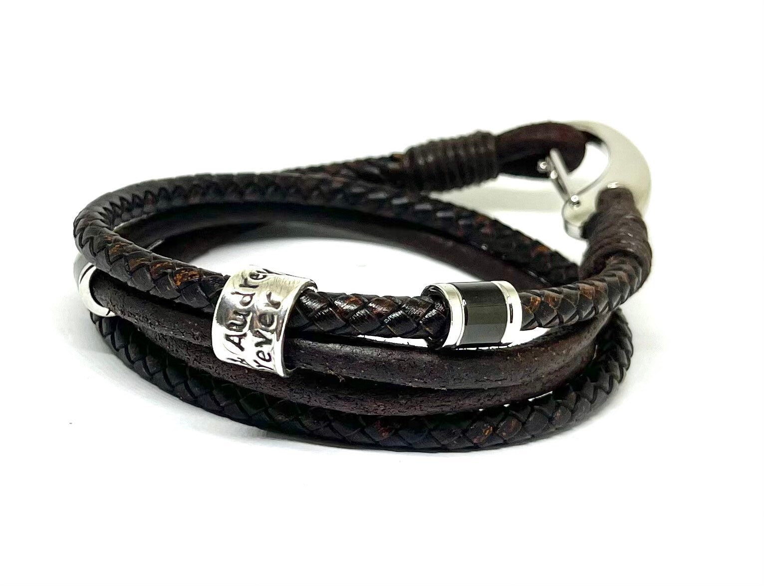 Brown Footprint Charm Mens Leather Wrap Bracelet, Custom Engraved Bead Double Wrap Leather Bracelet, Husband Bracelet Mens Braided Leather