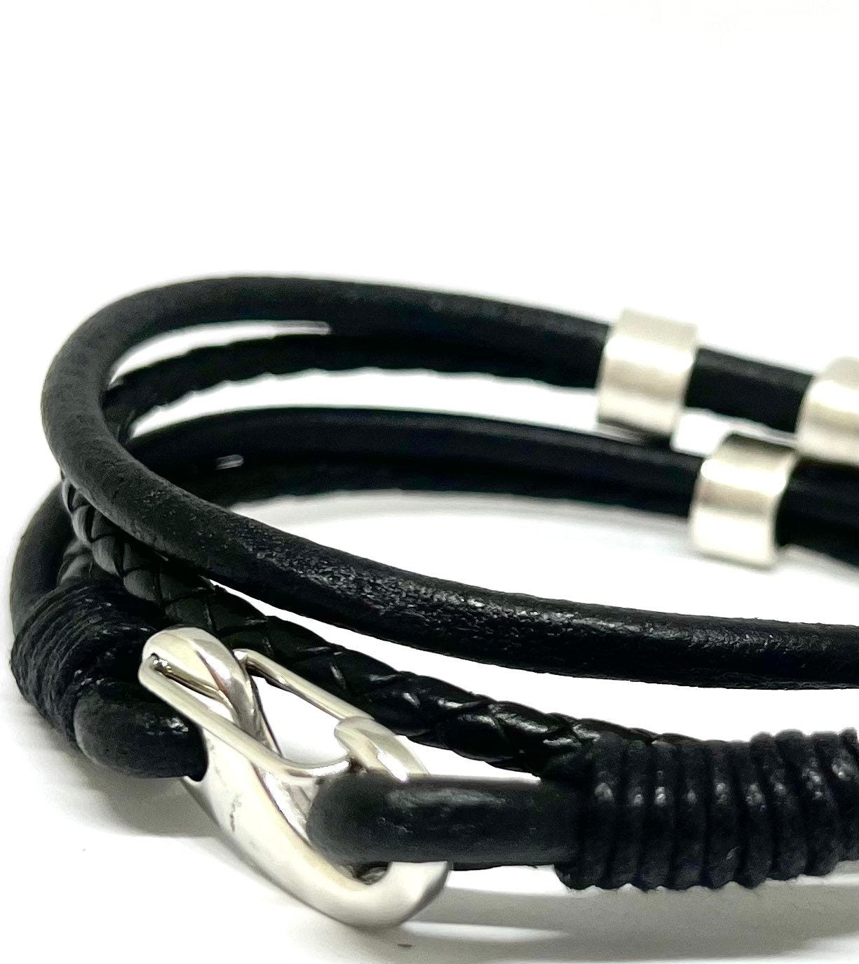 Black Double Wrap Leather Bracelet With Footprint Charm, Husband Bracelet, Mens Leather Wrap Bracelet, Viking Leather Bracelet