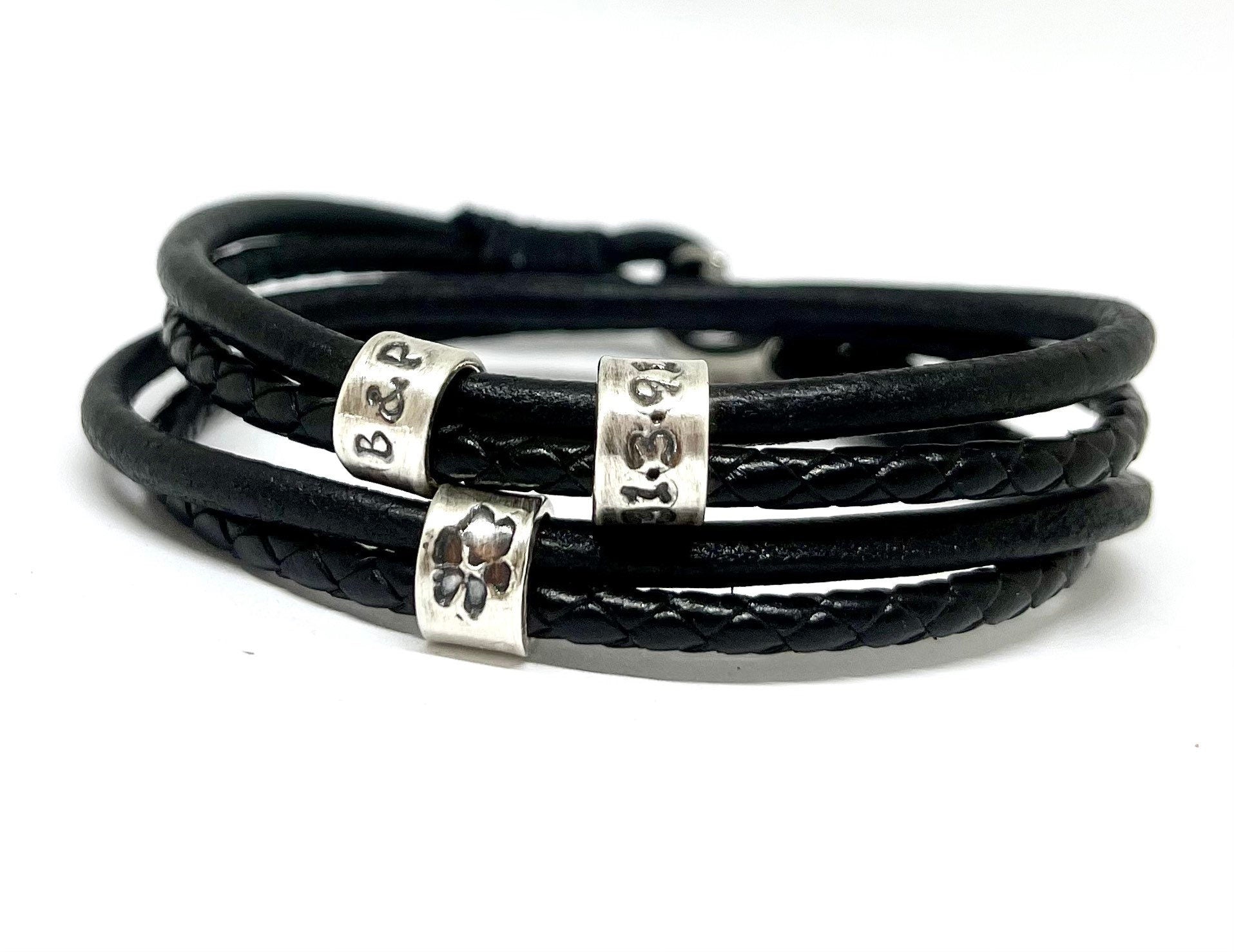 Black Double Wrap Leather Bracelet With Footprint Charm, Husband Bracelet, Mens Leather Wrap Bracelet, Viking Leather Bracelet