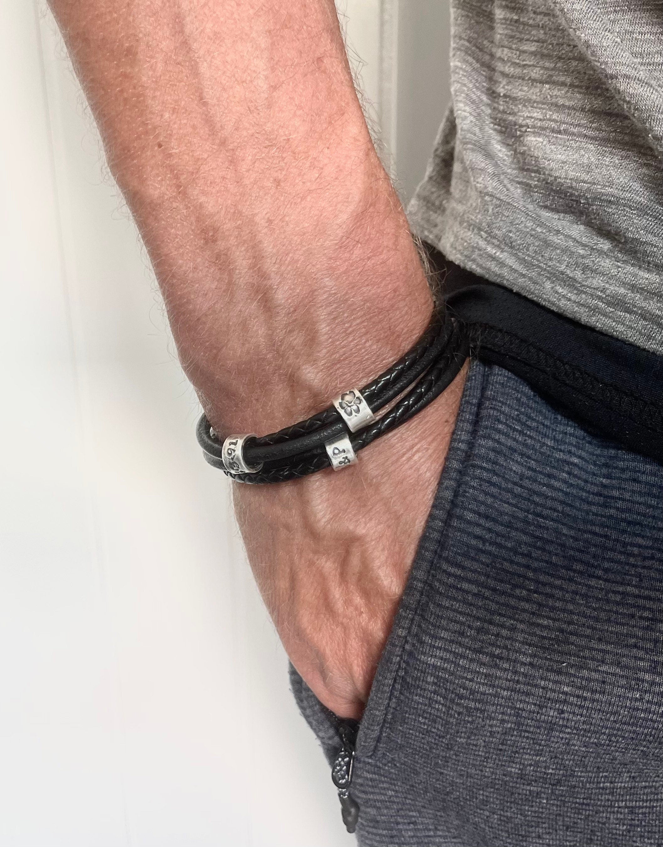 Black Double Wrap Leather Bracelet With Footprint Charm, Husband Bracelet, Mens Leather Wrap Bracelet, Viking Leather Bracelet