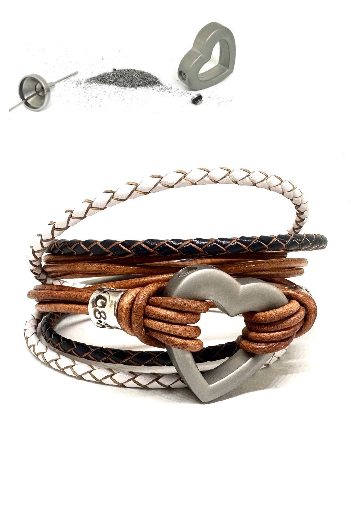 Leather Silver Heart Urn Bracelet, Pet Cremate Bracelet, Ashes Memorial, Womens Urn Bracelet For Cremains, Mini Love Urn Human Ashes