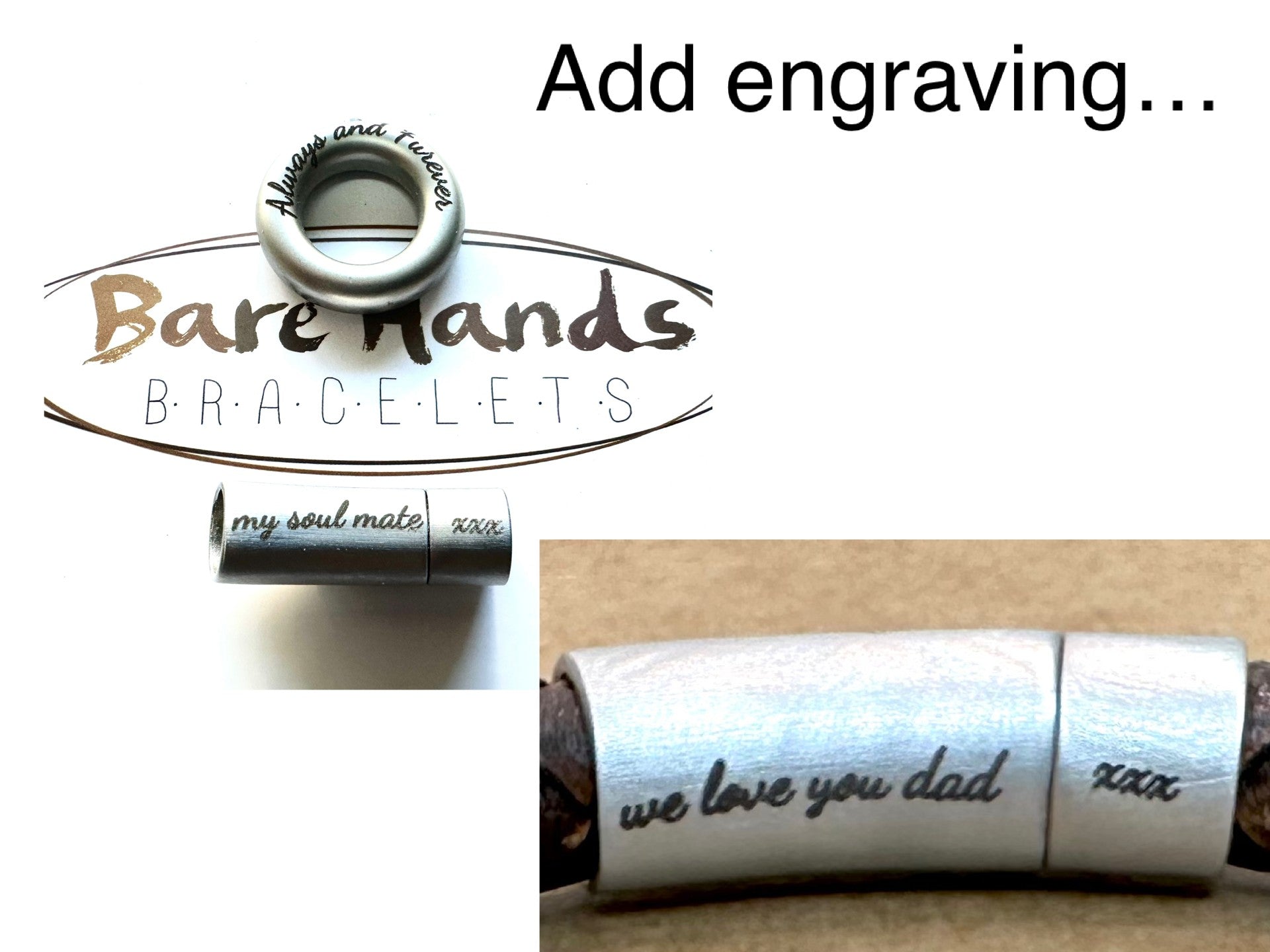 a bracelet with engraved text, including a message about a father and a message about a soul mate. The bracelet is silver and has a metal clasp.