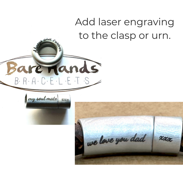 Personalised Braided Leather Double Cord Urn Bracelet for Ashes with Pure Silver Beads, Custom Engraved, Tan, Antique Brown or Black.