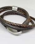 Brown Footprint Charm Mens Leather Wrap Bracelet, Custom Engraved Bead Double Wrap Leather Bracelet,  Husband Bracelet Mens Braided Leather