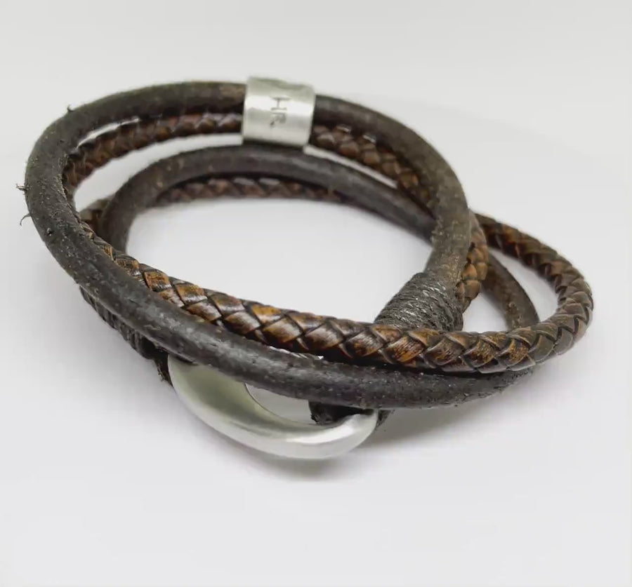 Brown Footprint Charm Mens Leather Wrap Bracelet, Custom Engraved Bead Double Wrap Leather Bracelet,  Husband Bracelet Mens Braided Leather