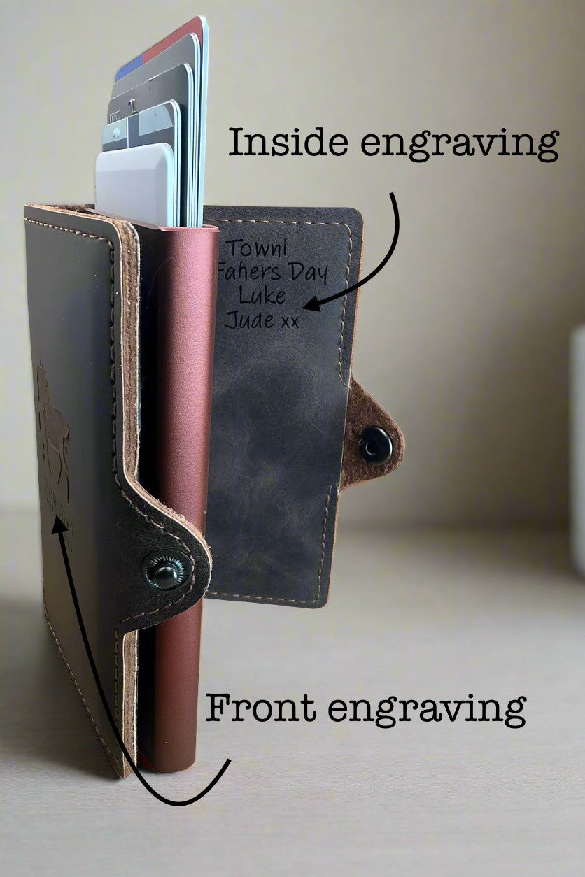 Engraved personalised slim leather wallet with 'Safecard' scanning blocker