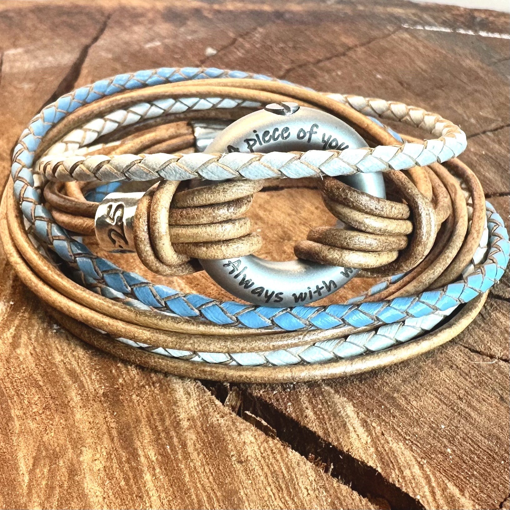 Turquoise blue, Silver & Tan Double Wrap, Multi Leather Wrap Urn Bracelet