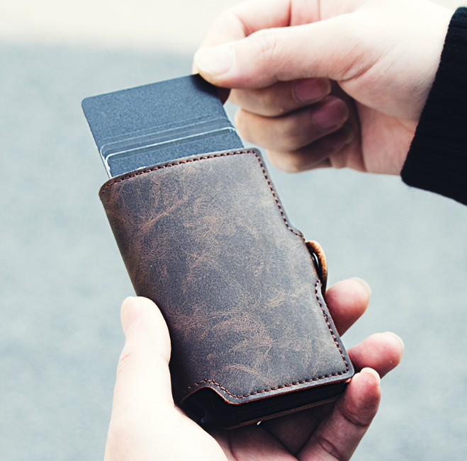 Engraved personalised slim leather wallet with 'Safecard' scanning blocker
