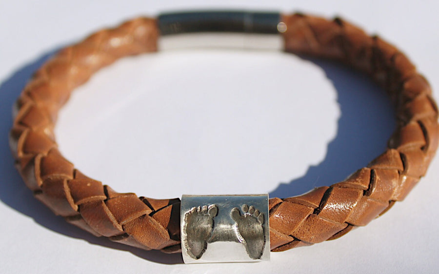Silver Hand Print Handprint Silver Footprint Bead Mens Leather Personalised Bracelet Womens Bracelet Footprint Charm Silver Hand Print Charm