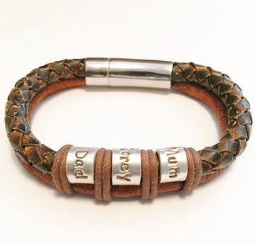Mens Bracelet - Brown Leather Bracelet - Personalised Name Bead Bracelet - Mens leather bracelet -Fathers Day gift - Custom Cuff