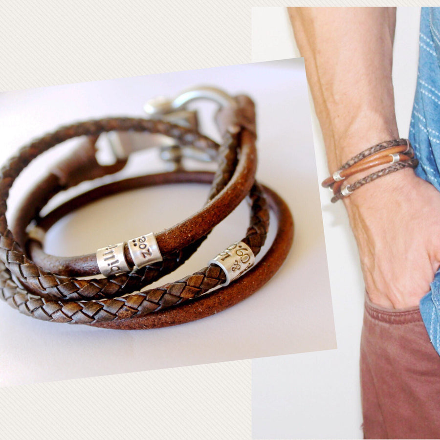 Mens Personalised Bracelet, Fathers Day, Leather Bracelet, Engraved Bracelet, Mens Leather Band, Leather Wrap, New Dad Gift, Grandpa Gift