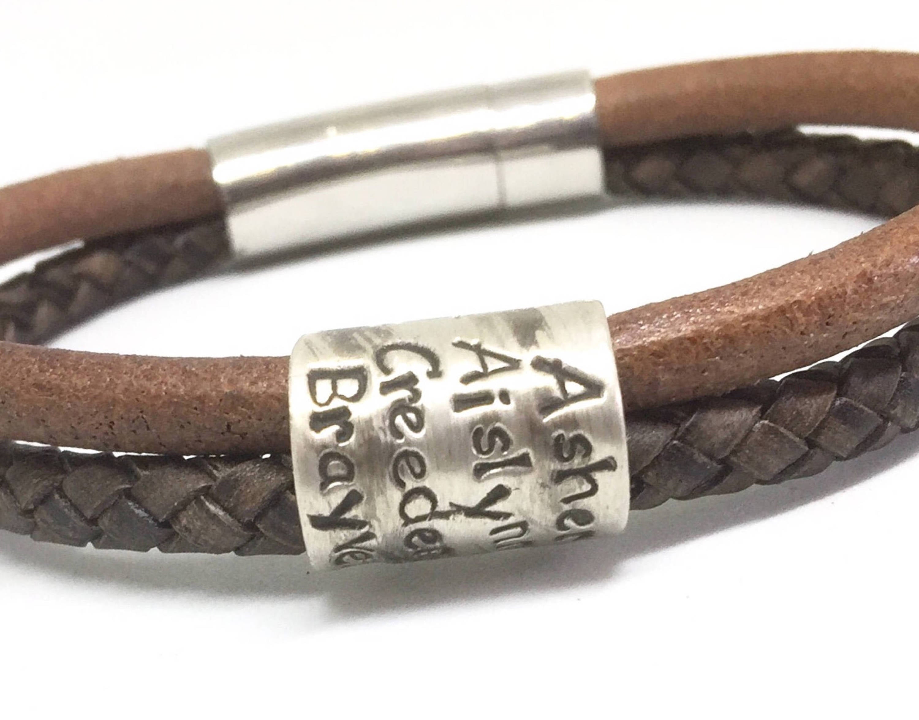 Brown newest leather strap with engraving on real silver 925 sterling silver, name bracelet, gift for men, gift for Father's Day