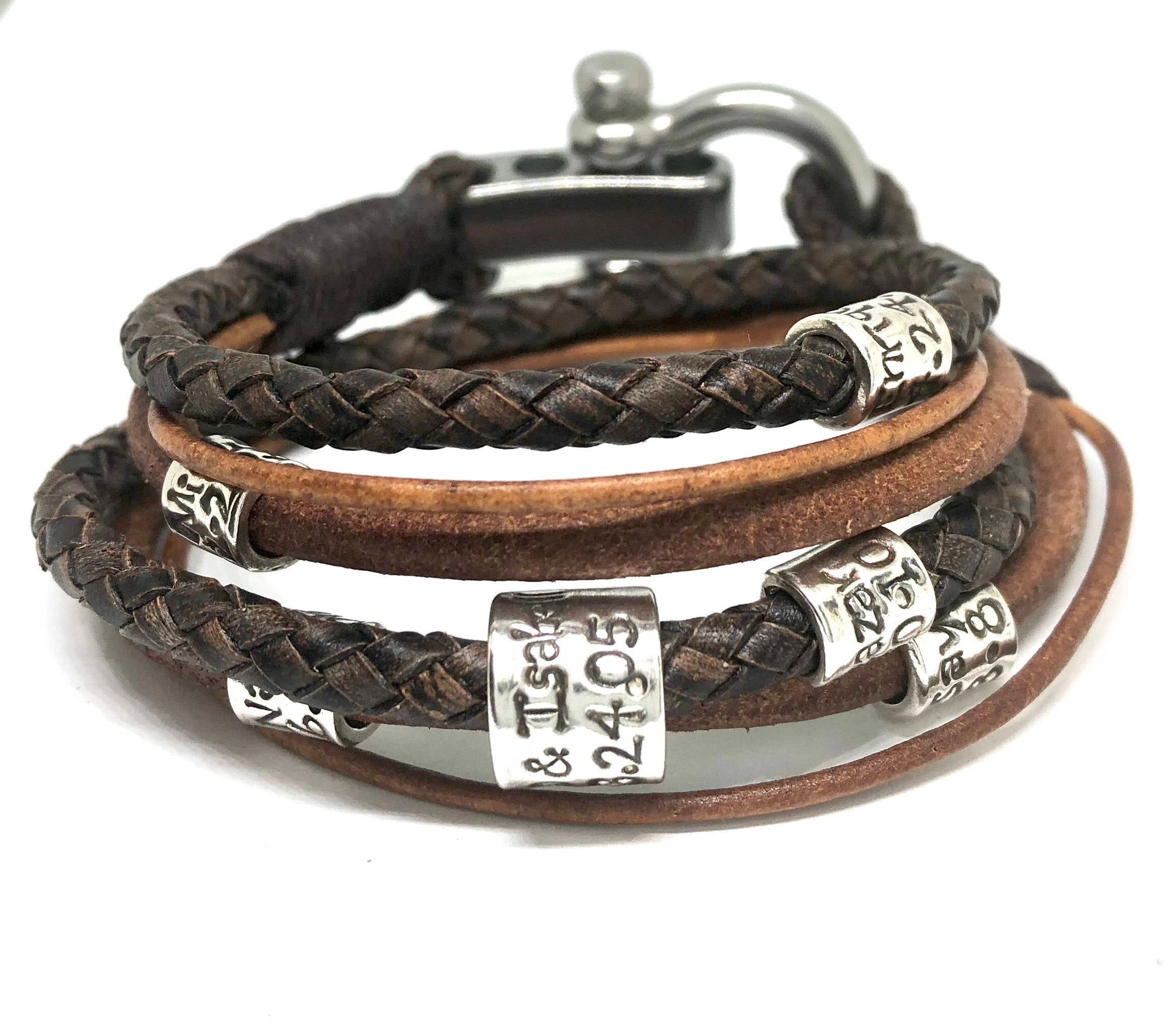 Mens Bracelet Personalised, Leather Bracelet, Beaded Bracelet, Bracelet Homme, Brown Leather Bangle, Gift for Him, Teachers Gift
