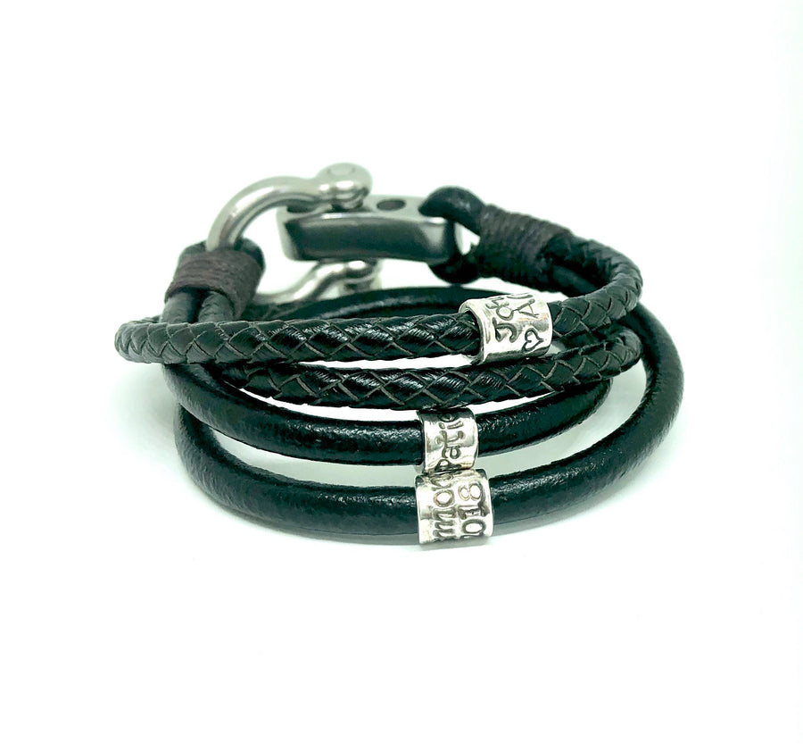 Black Leather Bracelet, Mens Personalised Bracelet, Mens Xmas Gift, Coordinates Bracelet, Christmas Gift, Leather Wrap, Custom Bracelet