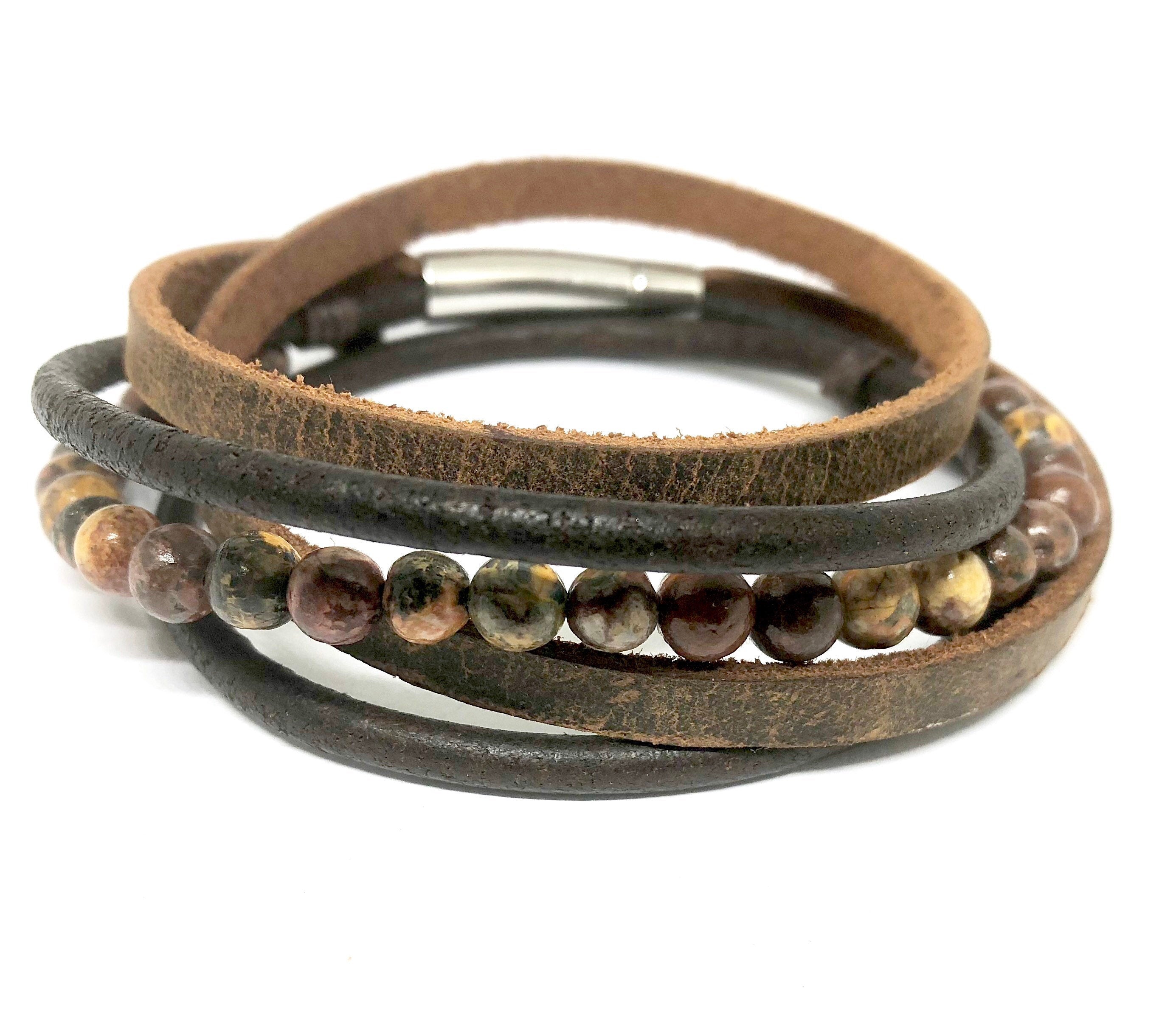 Fathers Day Gift, Wrap Bracelet, Mens Leather Bracelet, Jasper Bead Bracelet, Personalised Mens Bracelet, Leather and Bead Bracelet, Mens Na