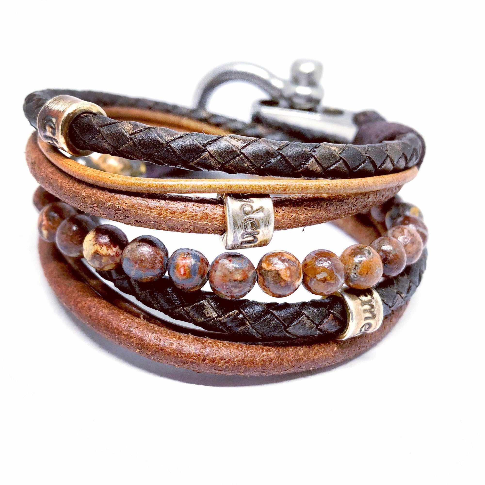 Mens Beaded Bracelet, Personalised Valentines Gift, Personalised Jewellery for Men, Leather Gemstone Wrap, Lederarmbänder Männer