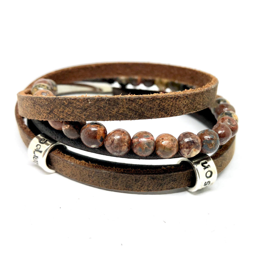 Fathers Day Gift, Wrap Bracelet, Mens Leather Bracelet, Jasper Bead Bracelet, Personalised Mens Bracelet, Leather and Bead Bracelet, Mens Na