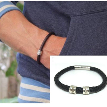 Custom Engraved Bracelet, Personalized Mens Bracelet, Mens Leather Bracelet, Name Bracelet, Boyfriend Gift, Black Braided Cuff, New Dad Gift